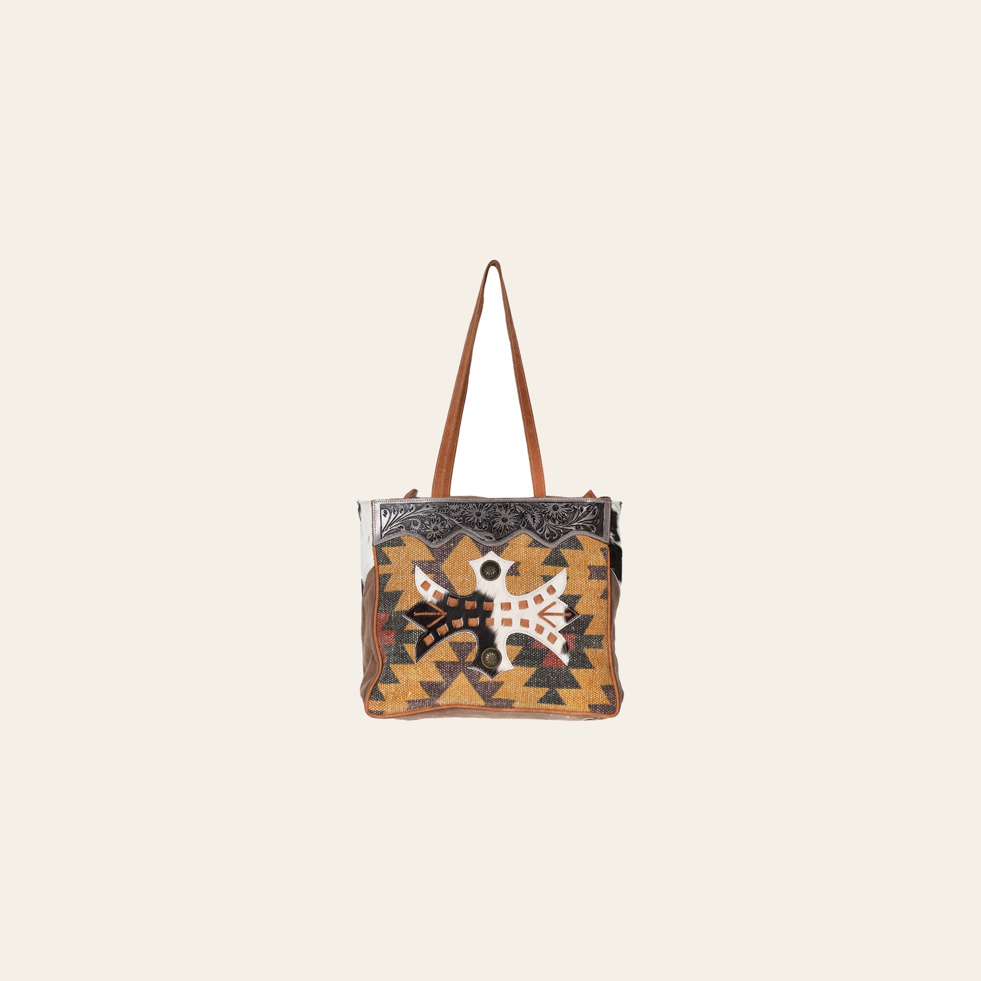 Ohlay Bags OHV187 Tote Hand Tooled Upcycled Wool Canvas Hair-On Genuine Leather Women Bag Western Handbag Purse