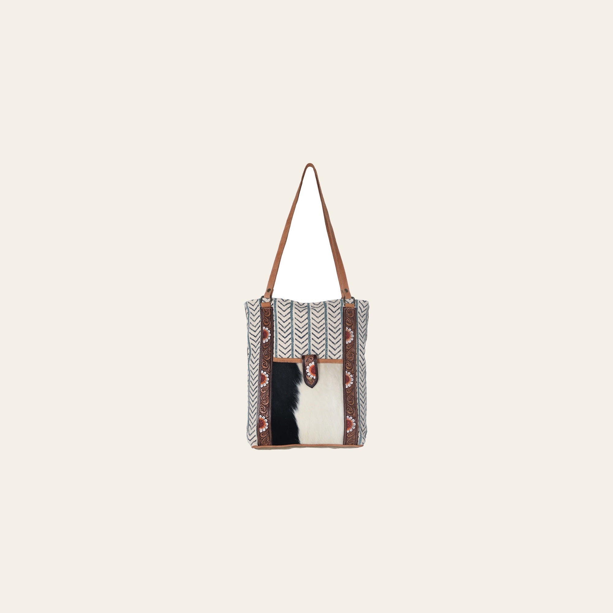 Ohlay Bags OHV189 Tote Hand Tooled Upcycled Canvas Hair-On Genuine Leather Women Bag Western Handbag Purse