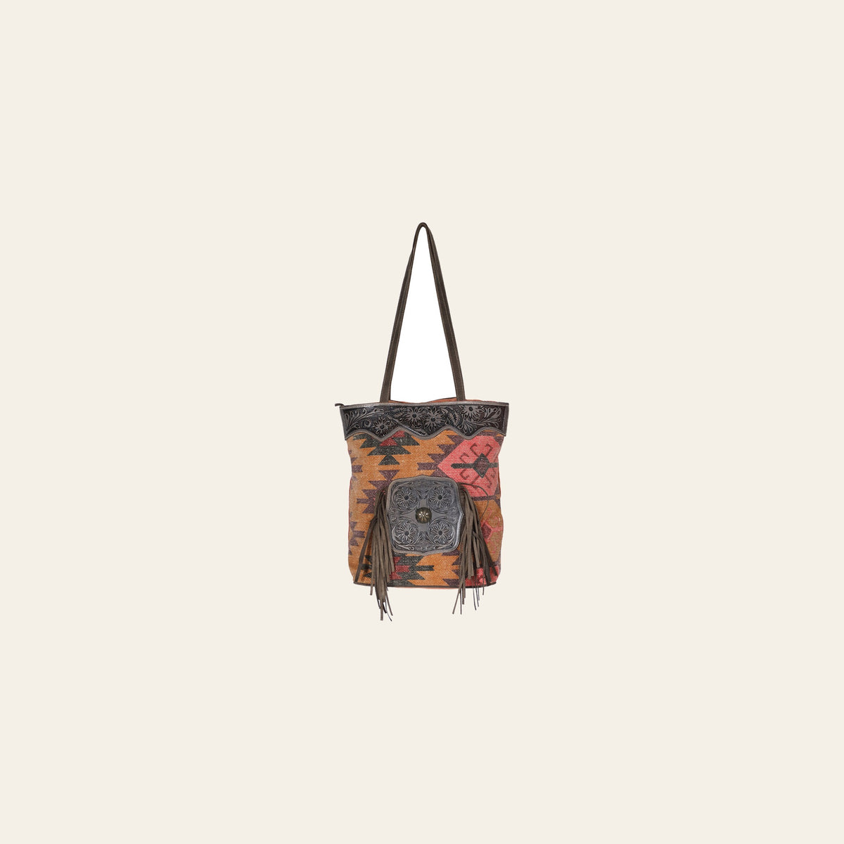 Ohlay Bags OHV190 Tote Hand Tooled Upcycled Canvas Genuine Leather Women Bag Western Handbag Purse