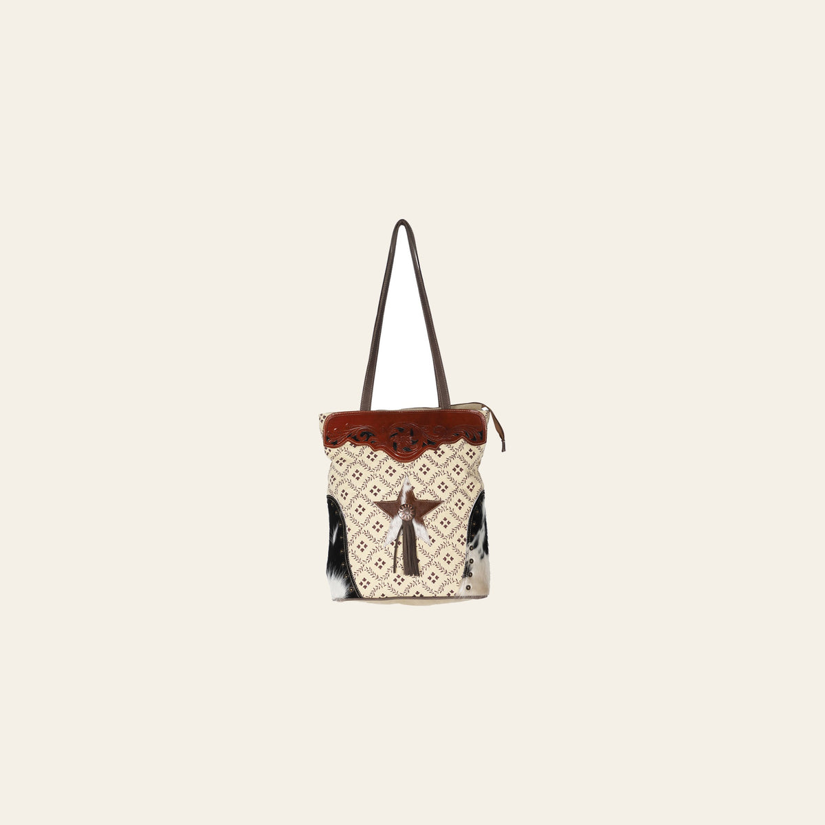 Ohlay Bags OHV191 Tote Hand Tooled Upcycled Canvas Hair-On Genuine Leather Women Bag Western Handbag Purse
