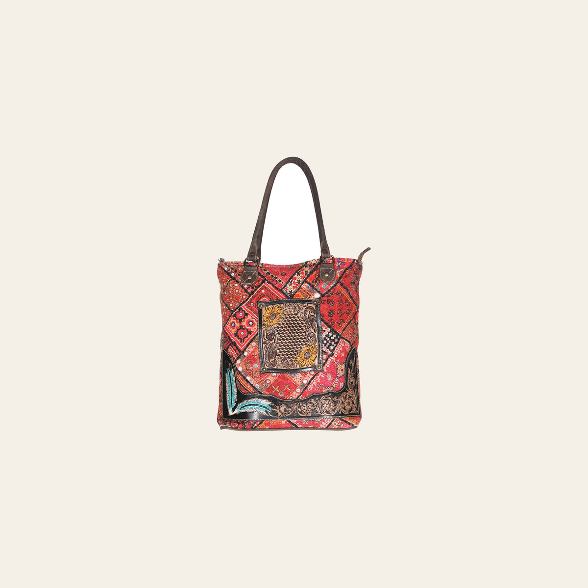 Ohlay Bags OHV194 Tote Hand Tooled Upcycled Canvas Genuine Leather Women Bag Western Handbag Purse