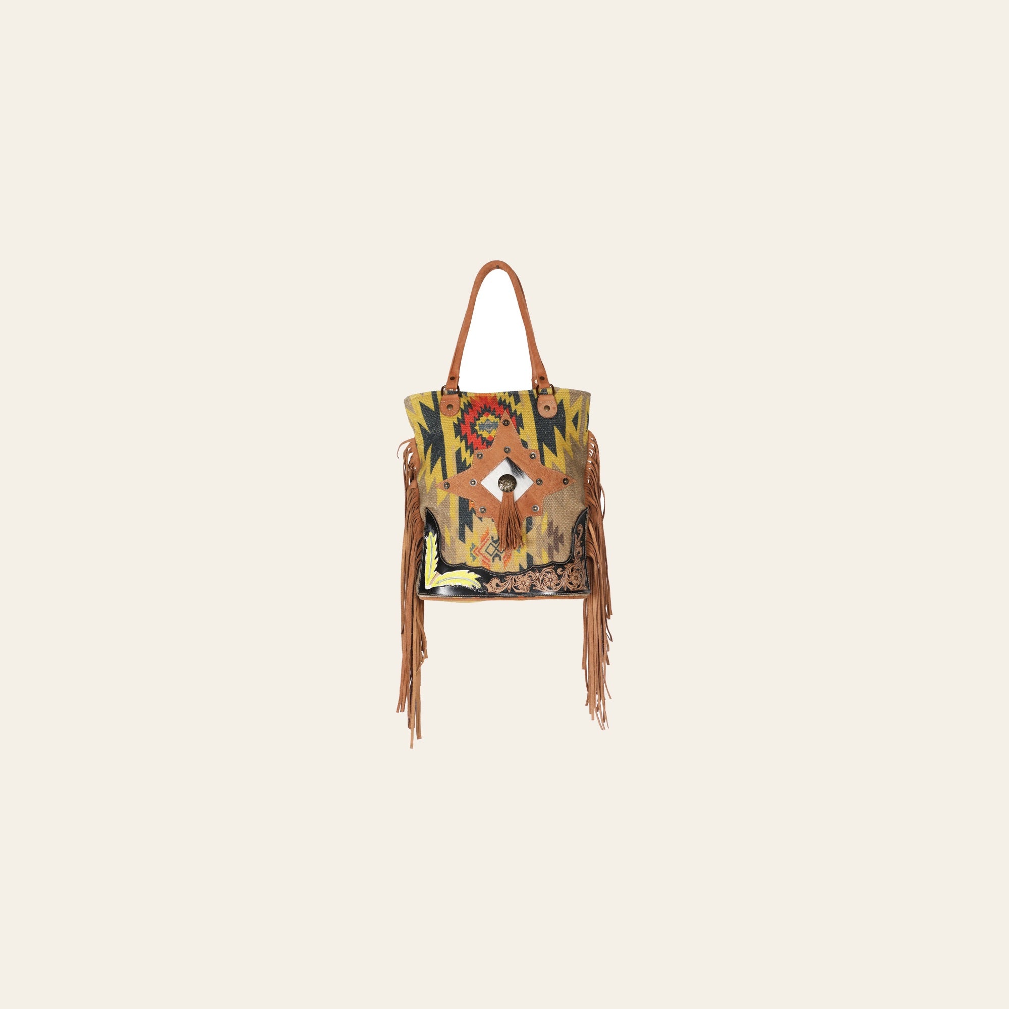 Ohlay Bags OHV195 Tote Hand Tooled Upcycled Wool Canvas Hair-On Genuine Leather Women Bag Western Handbag Purse