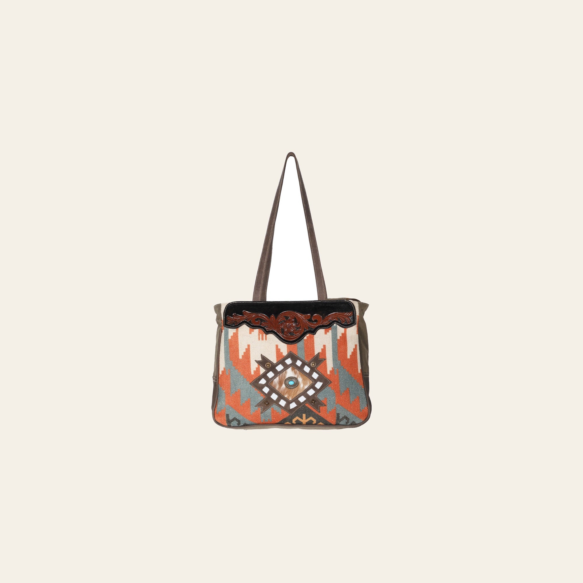 Ohlay Bags OHV196 Tote Hand Tooled Upcycled Wool Canvas Hair-On Genuine Leather Women Bag Western Handbag Purse