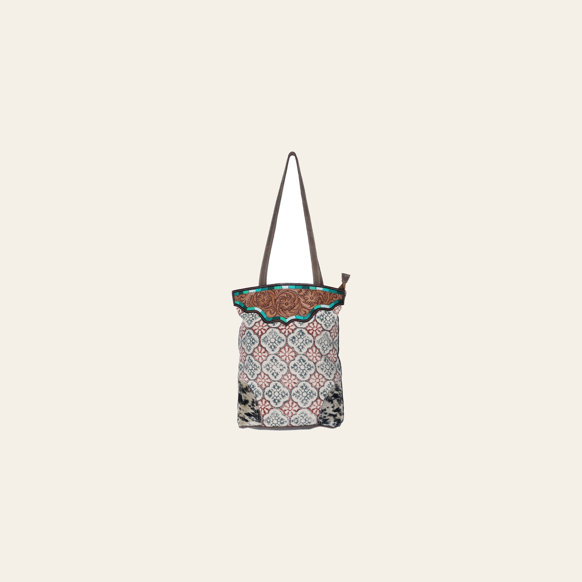 Ohlay Bags OHV197 Tote Hand Tooled Upcycled Canvas Hair-On Genuine Leather Women Bag Western Handbag Purse