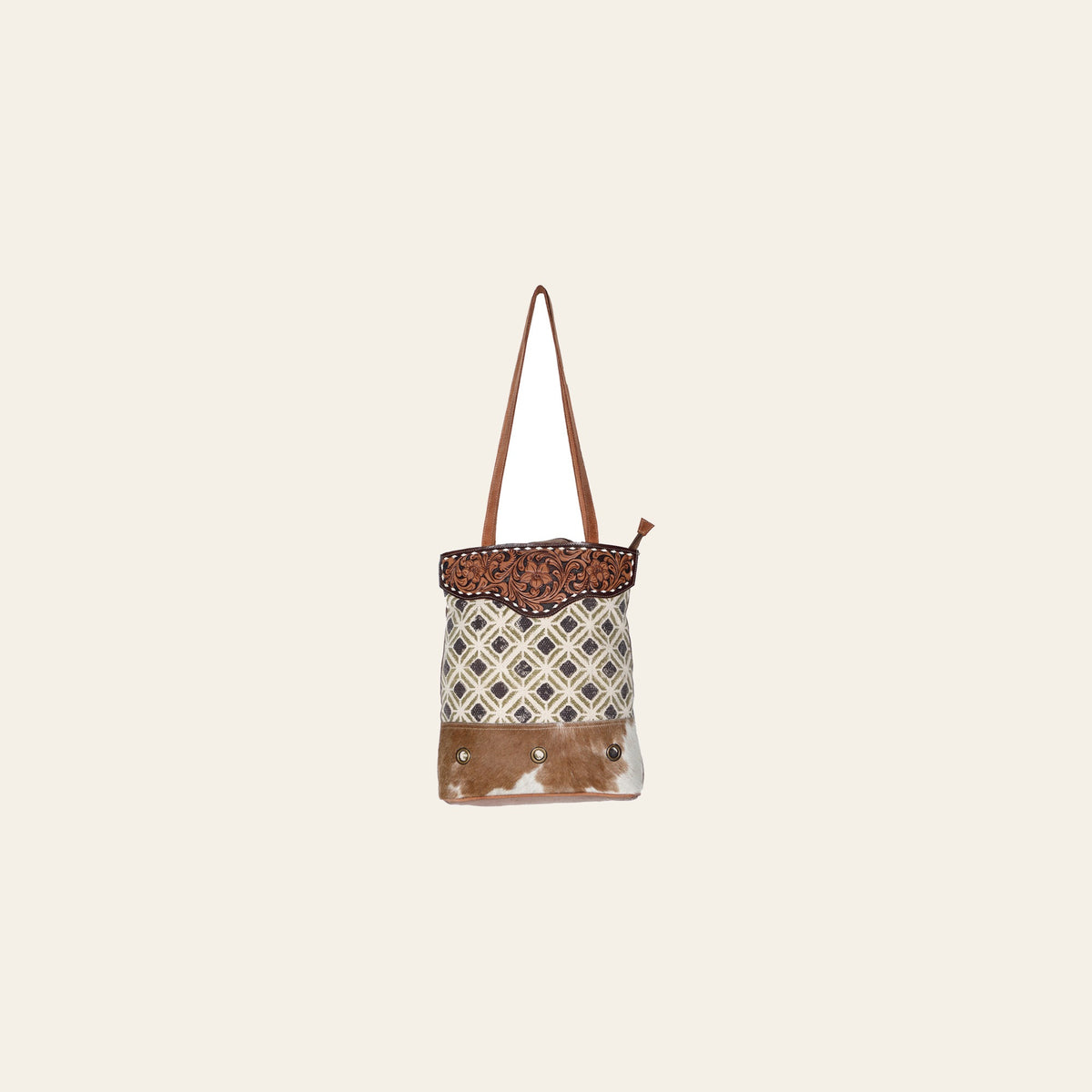 Ohlay Bags OHV200 Tote Hand Tooled Upcycled Canvas Hair-On Genuine Leather Women Bag Western Handbag Purse