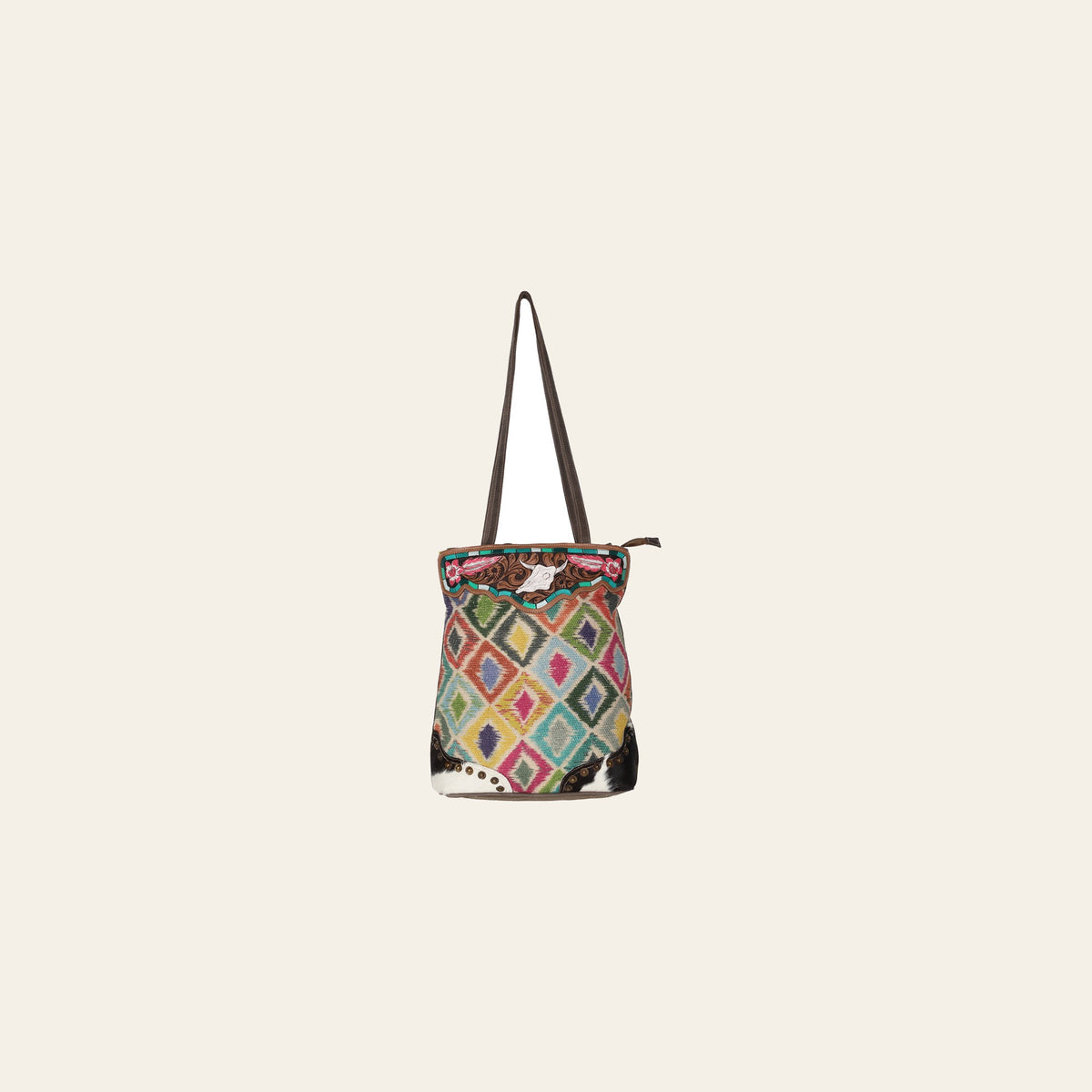 Ohlay Bags OHV202 Tote Hand Tooled Upcycled Wool Canvas Hair-On Genuine Leather Women Bag Western Handbag Purse