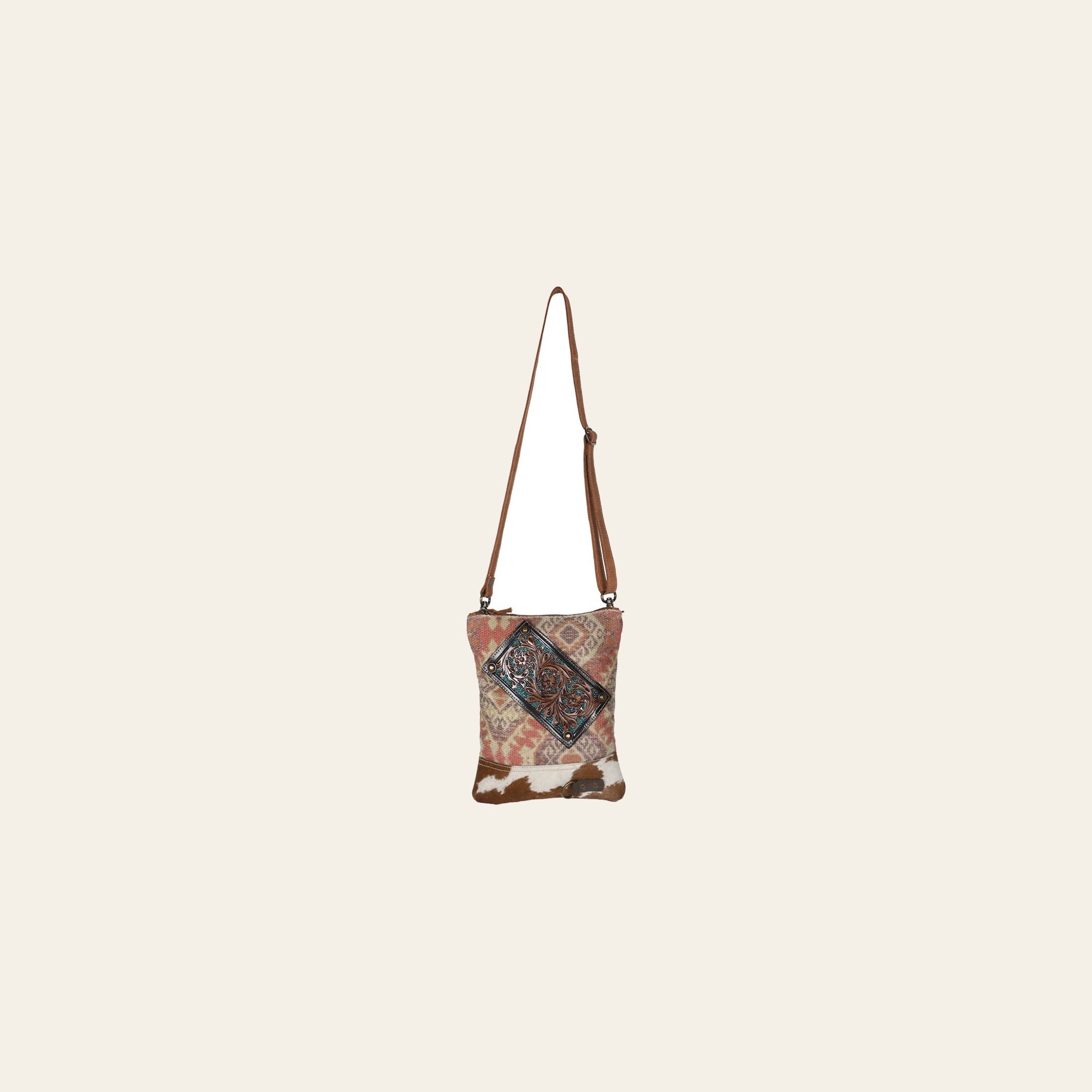 Ohlay Bags OHV217 Cross Body Ii Hand Tooled Upcycled Wool Canvas Hair-On Genuine Leather Women Bag Western Handbag Purse