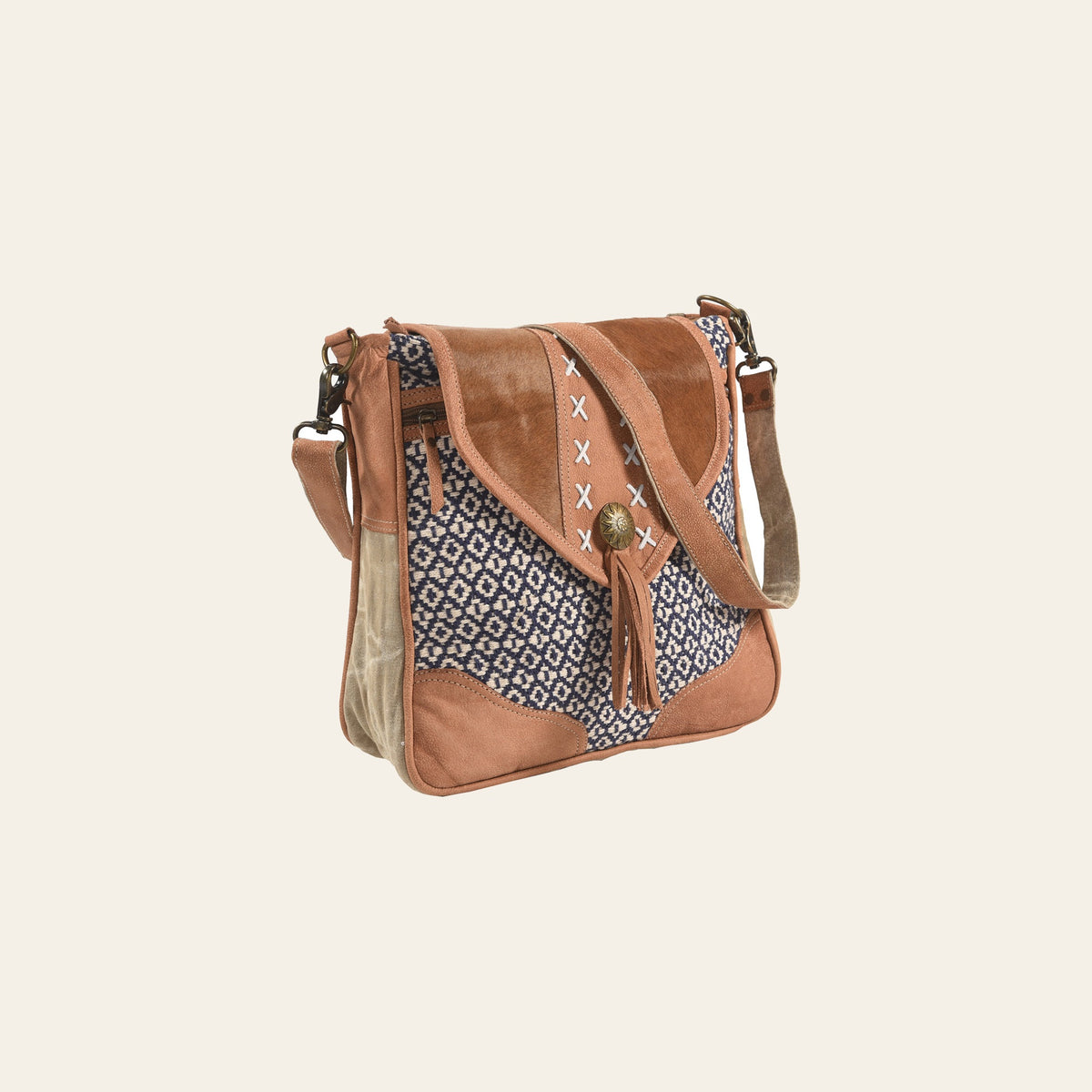 Ohlay Bags OHV227 Cross Body Ii Upcycled Wool Canvas Hair-On Genuine Leather Women Bag Western Handbag Purse