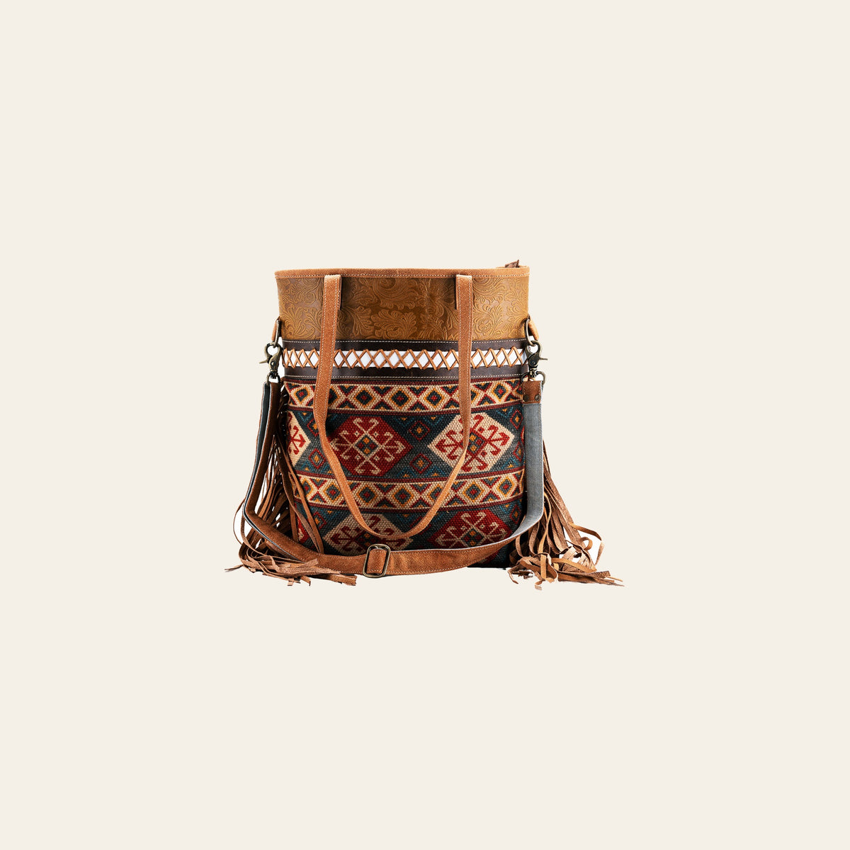 Ohlay Bags OHV230 Tote Upcycled Wool Embossed Genuine Leather Women Bag Western Handbag Purse