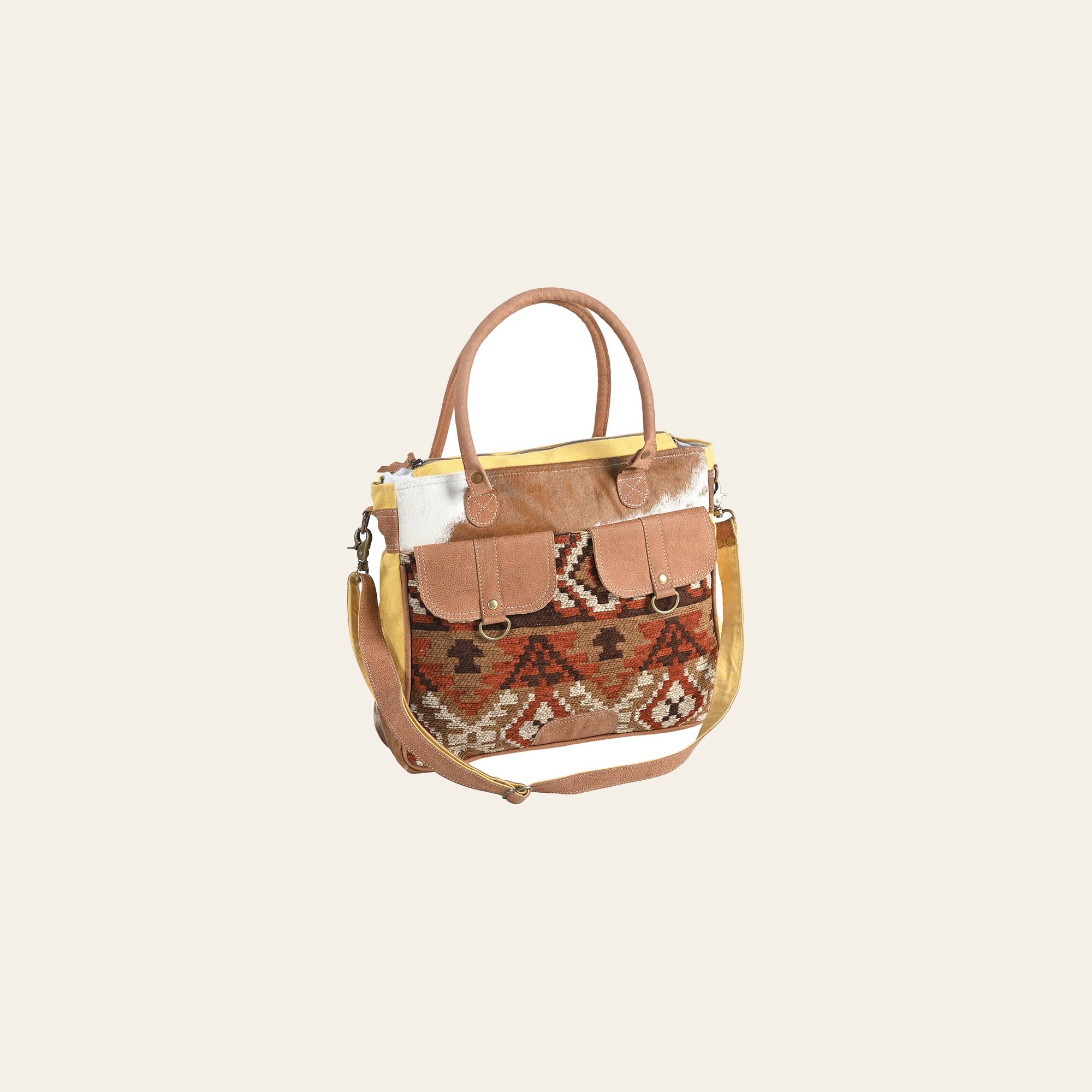 Ohlay Bags OHV274 Briefcase Upcycled Wool Canvas Hair-On Genuine Leather Women Bag Western Handbag Purse