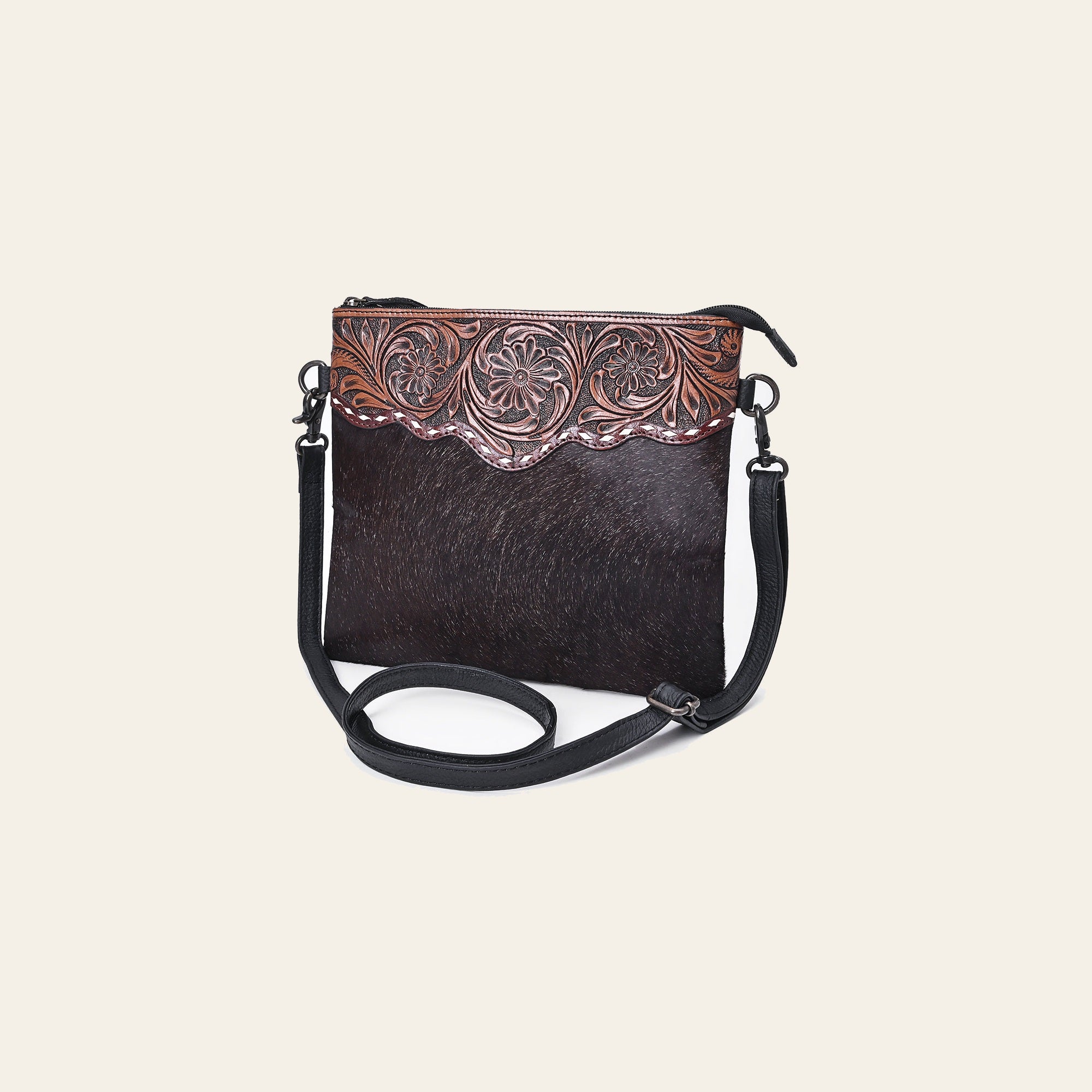 OHLAY Western Leather Dark Brown Hairon Crossbody Tooled Floral Panel