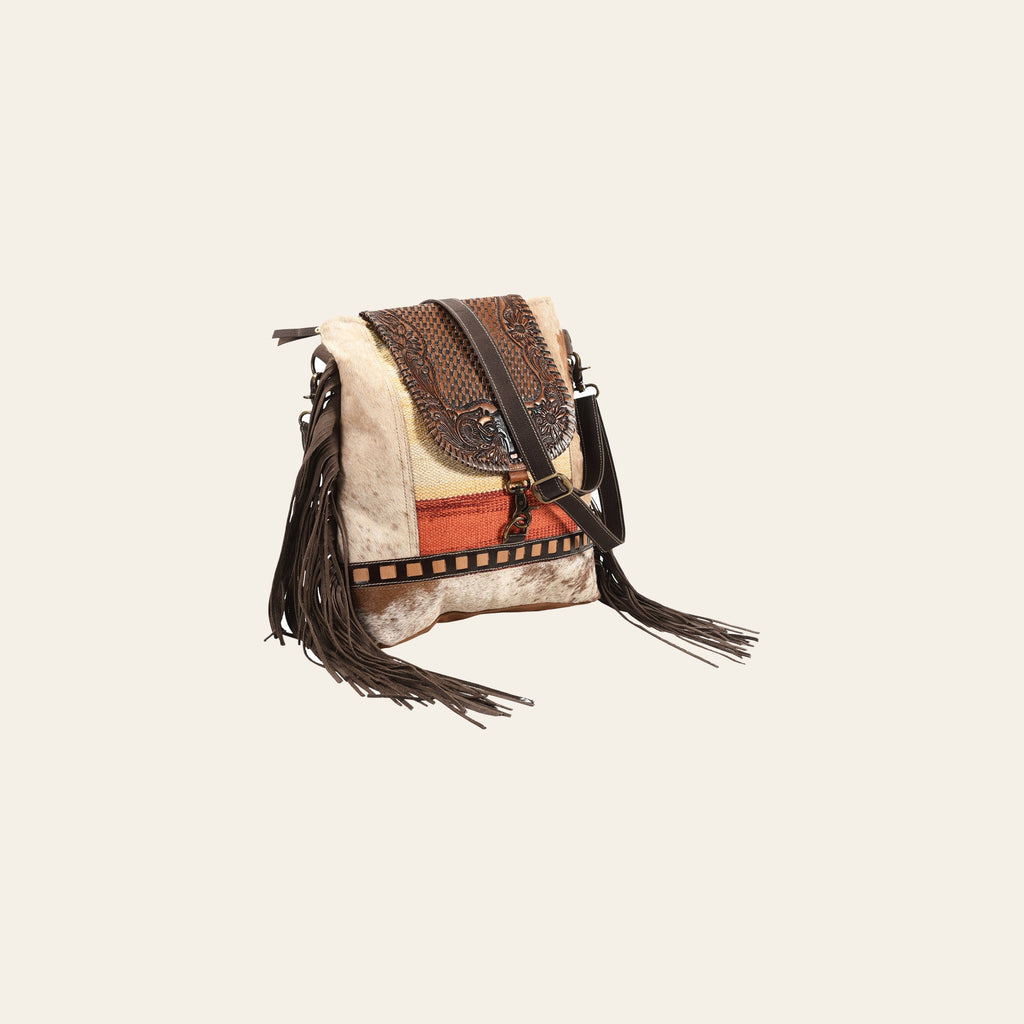 OHLAY Messenger Hand Tooled Upcycled Wool Canvas Hair-On Genuine Leather Women Bag Western Handbag Purse Womens Handbags