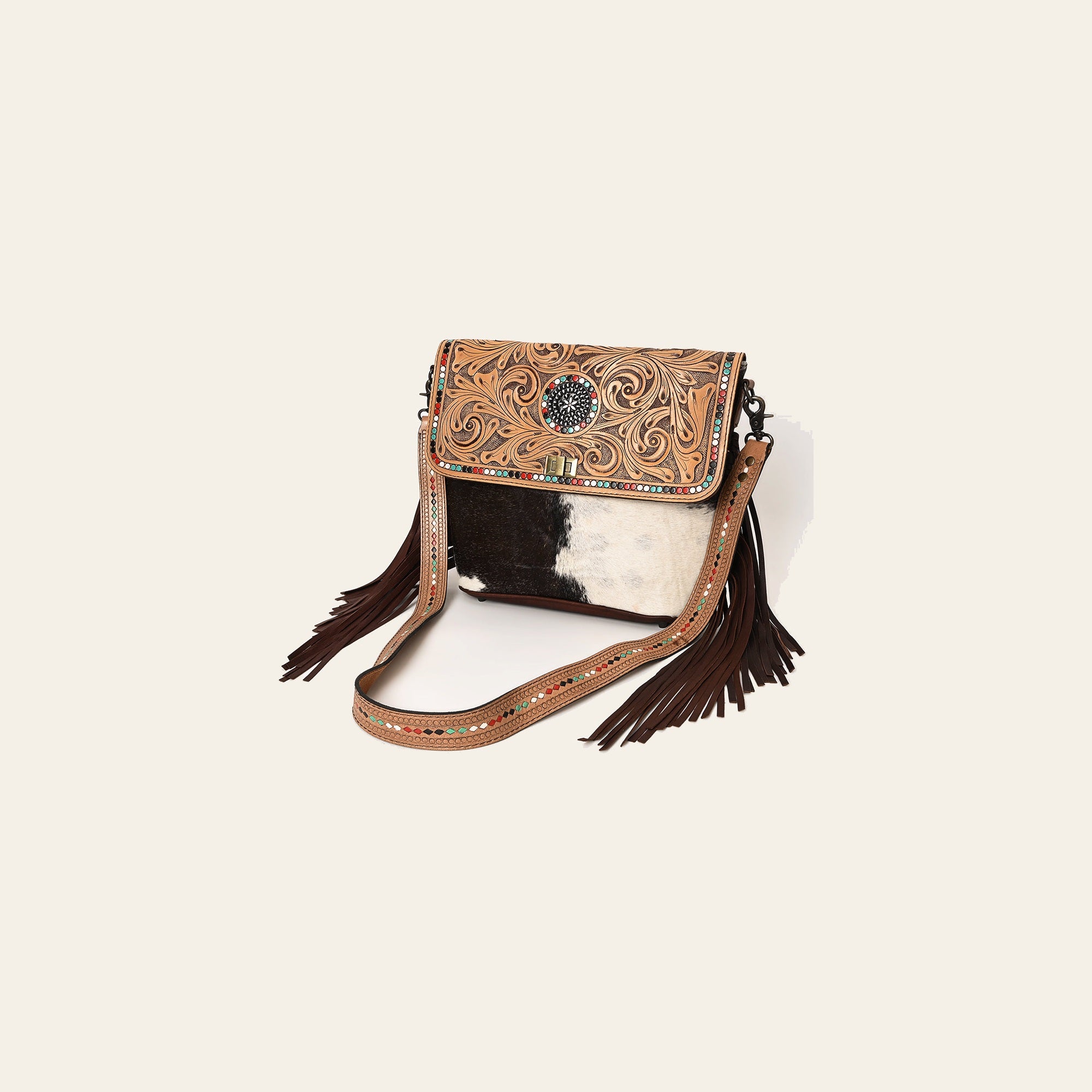 OHLAY Cross Body Hand Tooled Hair-On Genuine Leather Women Bag Western Handbag Purse | for