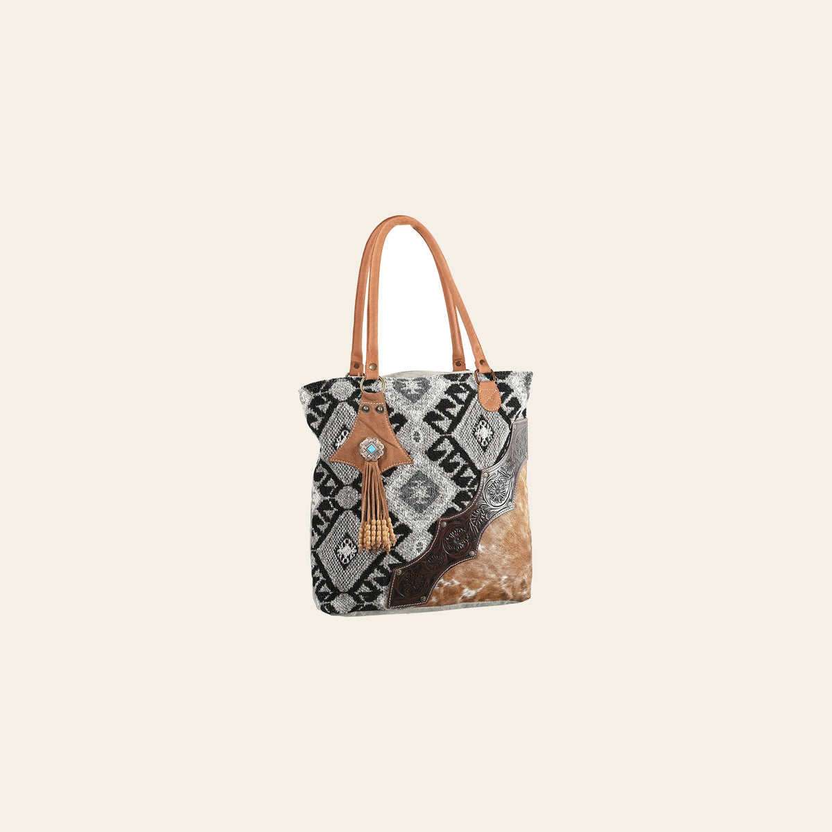OHLAY OHV282 TOTE Hand Tooled Upcycled Wool Canvas Hair-on Genuine Leather women bag western handbag purse