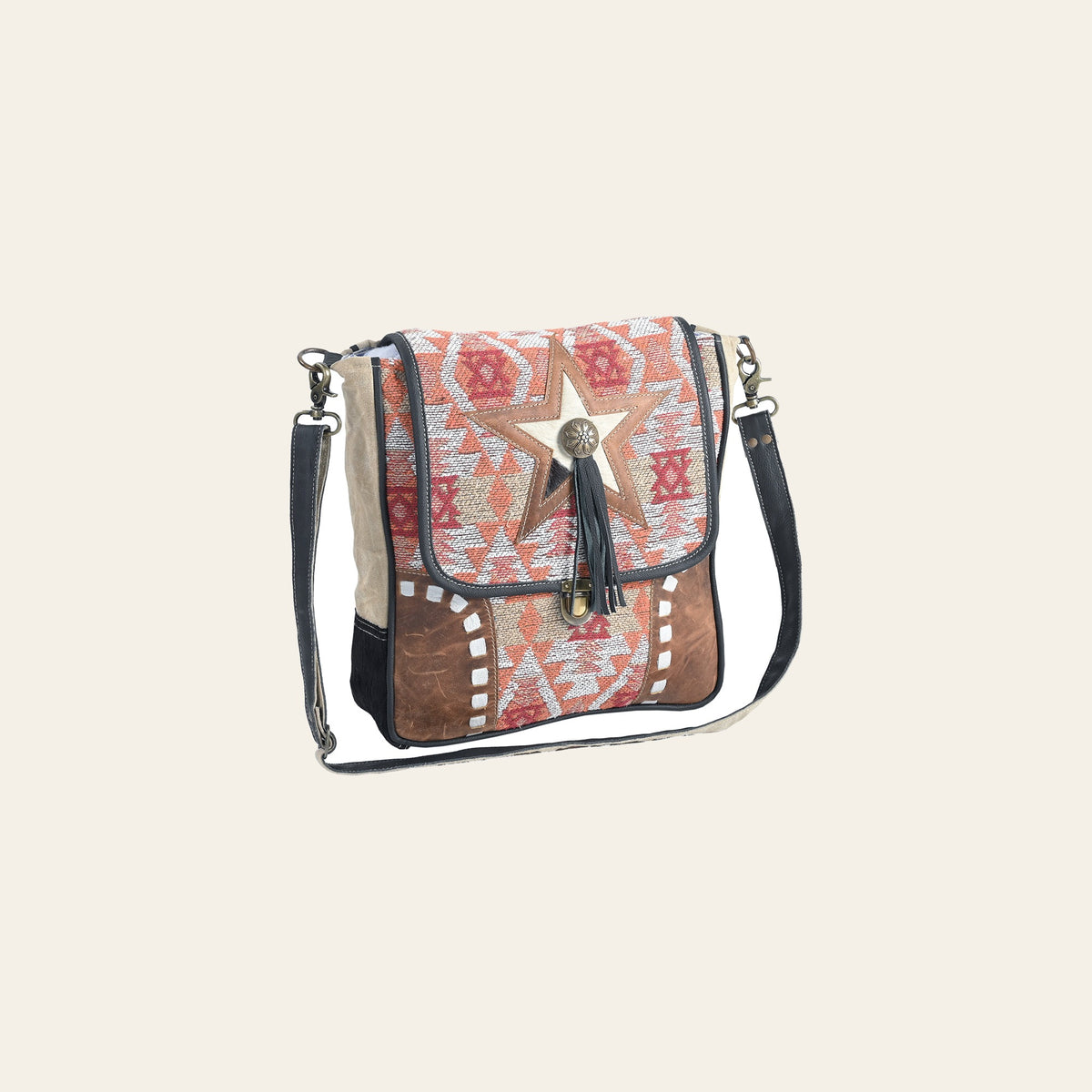 OHLAY Cross Body Upcycled Wool Canvas Hair-On Genuine Leather Women Bag Western Handbag Purse Womens Handbags Belt for Summer