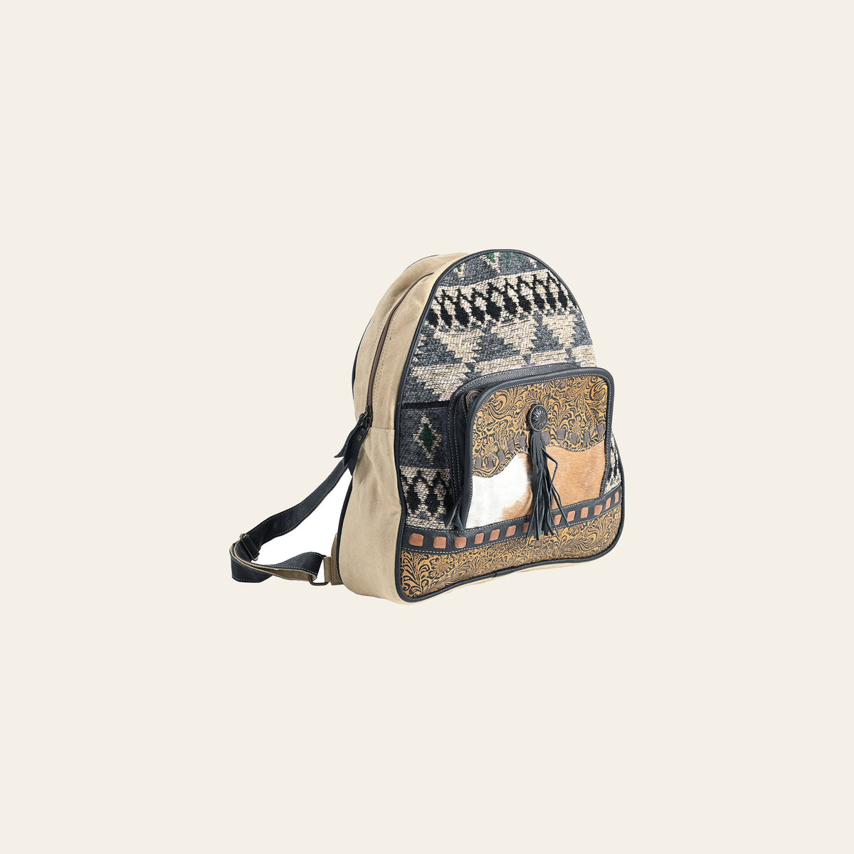 OHLAY Backpack Embossed Upcycled Canvas Hair-On Genuine Leather Women Bag Western Handbag Purse | Cross Body for