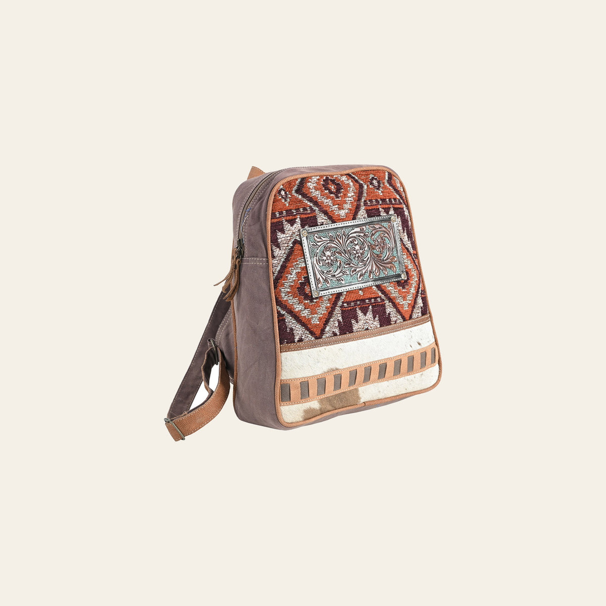 OHLAY Backpack Hand Tooled Upcycled Canvas Hair-On Genuine Leather Women Bag Western Handbag Purse Womens Handbags