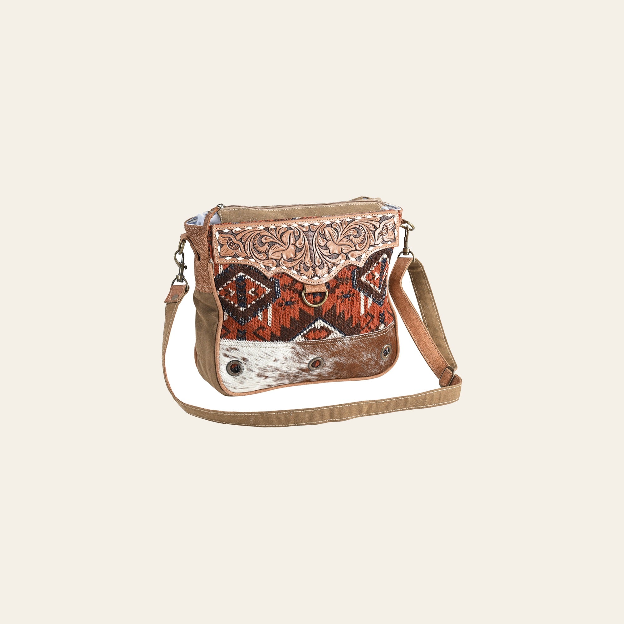OHLAY Cross Body Hand Tooled Upcycled Wool Canvas Hair-On Genuine Leather Women Bag Western Handbag Purse | for Womens Summer