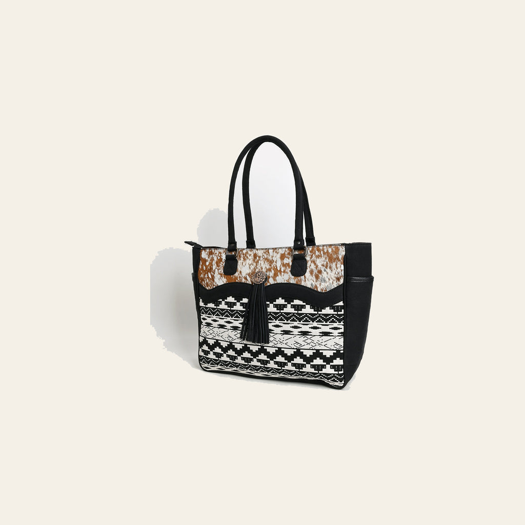 OHLAY Tote Hair On Upcycled Canvas Genuine Leather Women Bag Western Handbag Purse