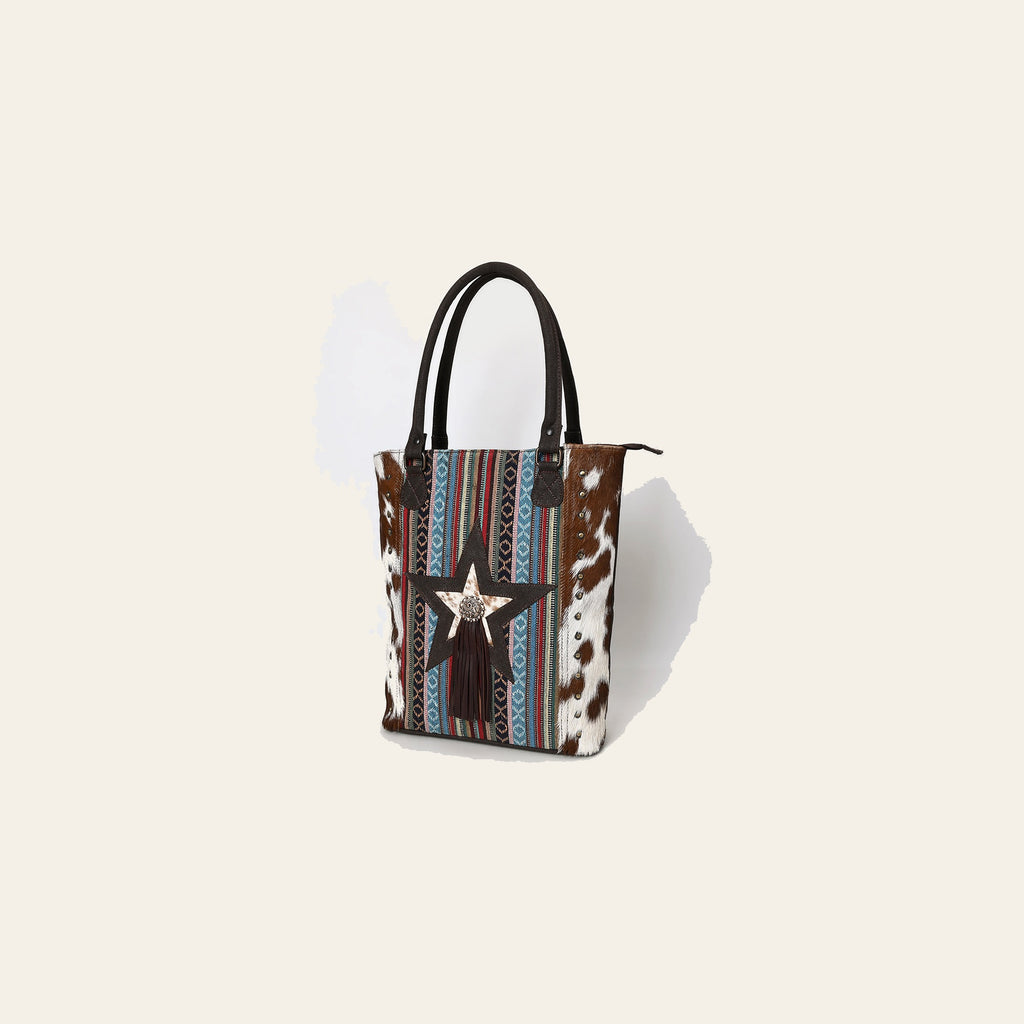 OHLAY Tote Hair On Upcycled Canvas Genuine Leather Women Bag Western Handbag Purse