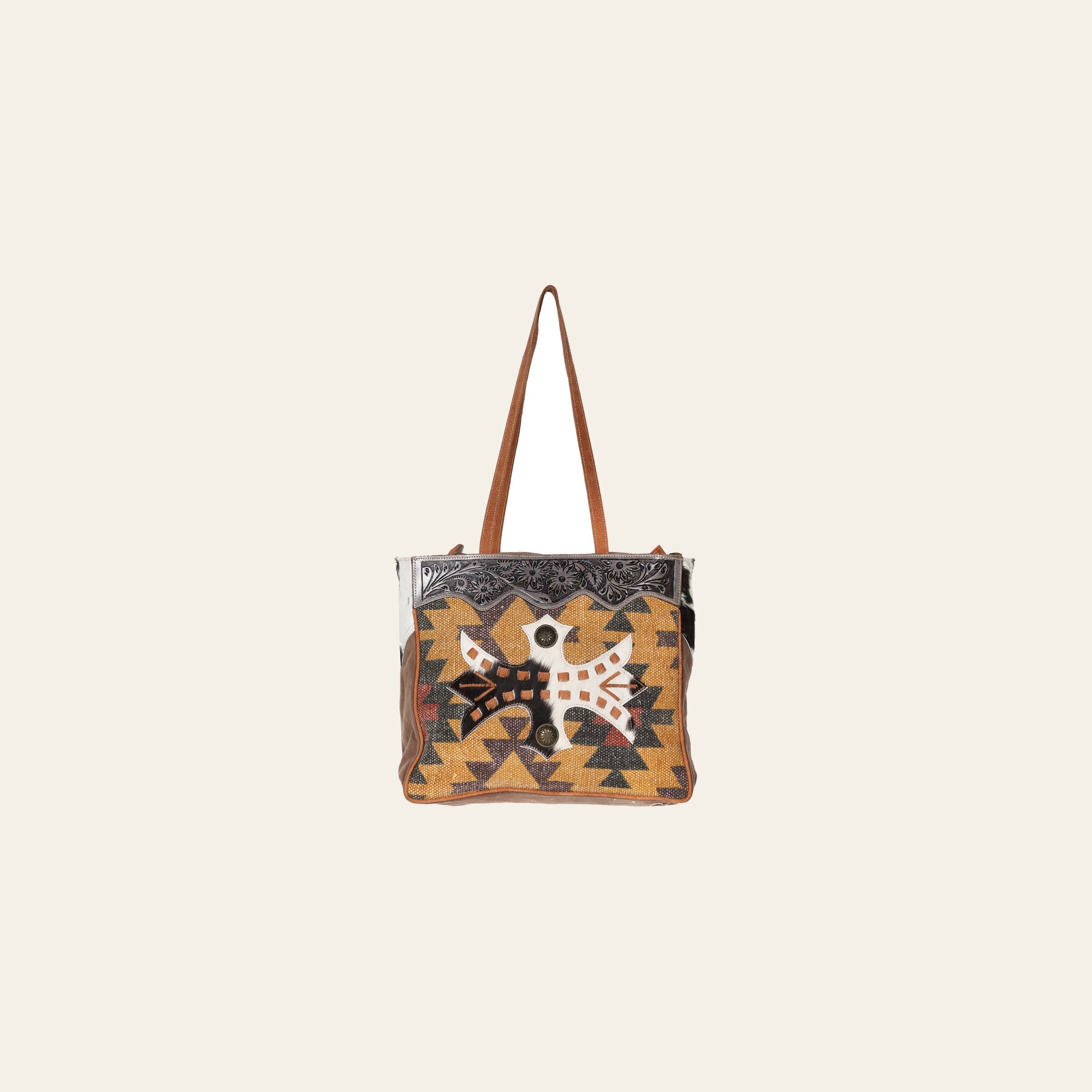 OHLAY Weekender Hand Tooled Upcycled Wool Canvas Hair-On Genuine Leather Women Bag Western Handbag Purse Womens Handbags