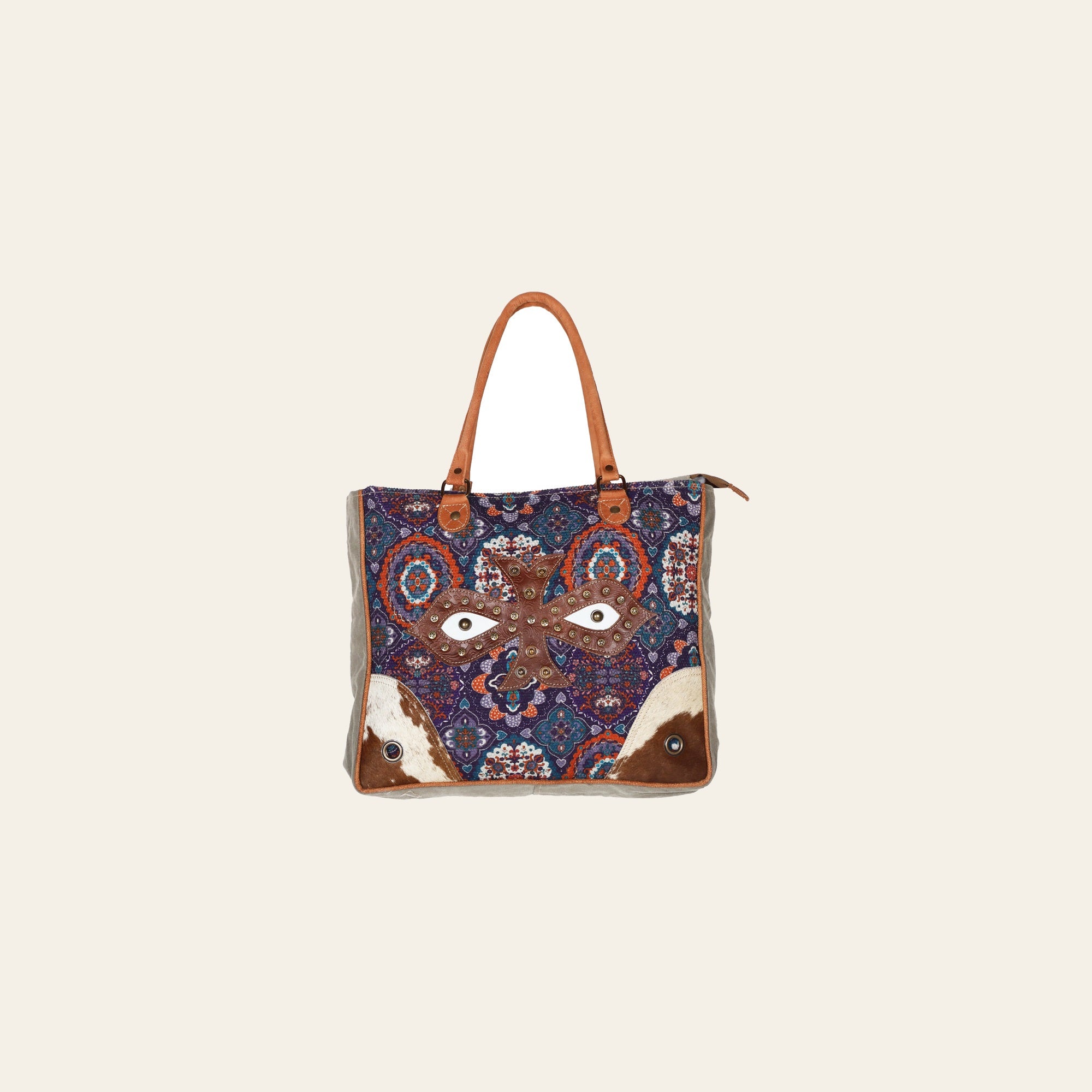OHLAY Weekender Upcycled Canvas Embossed Hair-On Genuine Leather Women Bag Western Handbag Pursee Womens Handbags
