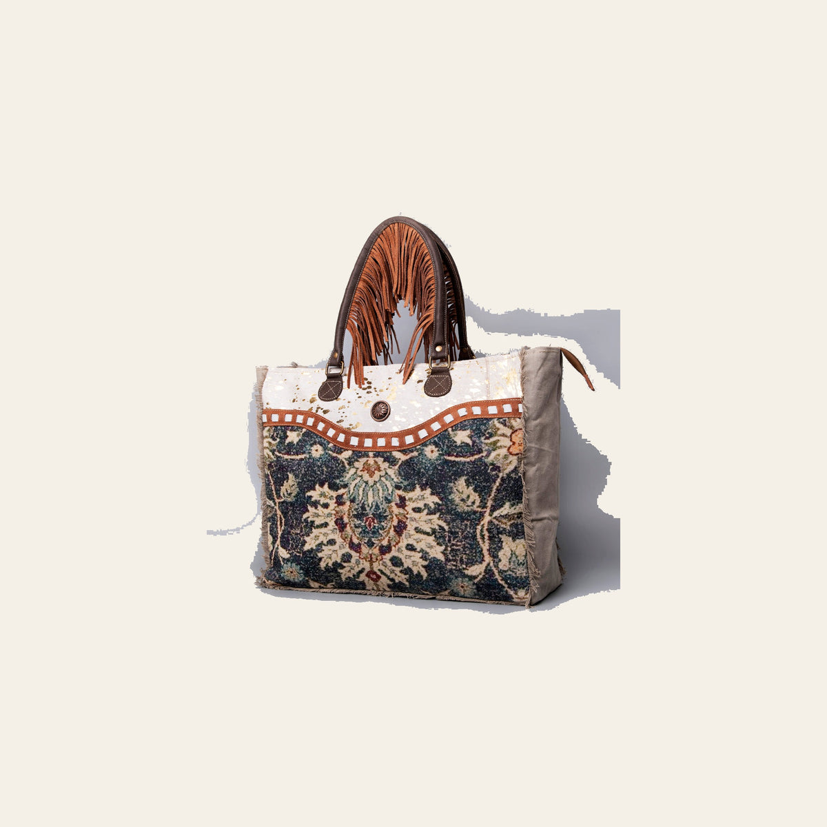 OHLAY Weekender Upcycled Canvas Hair-On Genuine Leather Women Bag Western Handbag Purse | Womens Handbags Belt for Summer