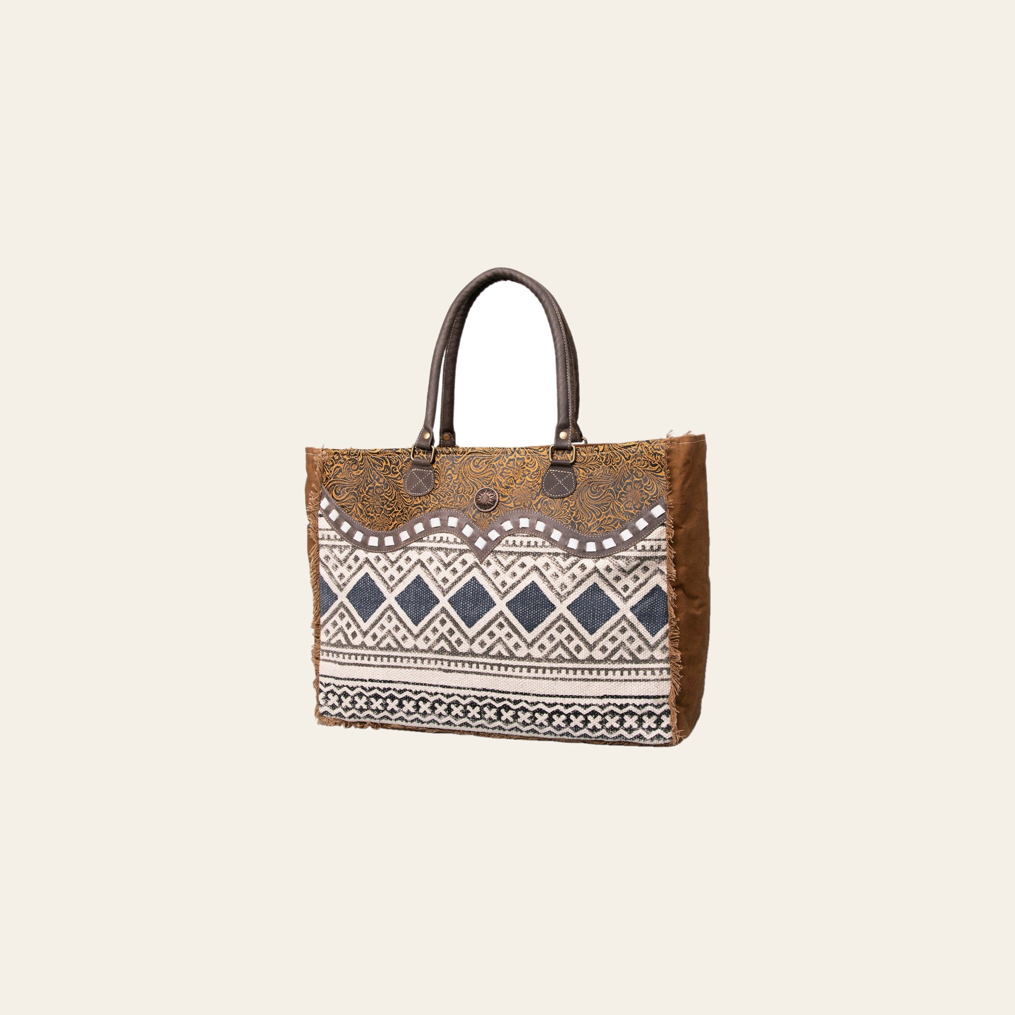 OHLAY Weekender Upcycled Wool Canvas Embossed Genuine Leather Women Bag Western Handbag Purse Womens Handbags Belt for Summer