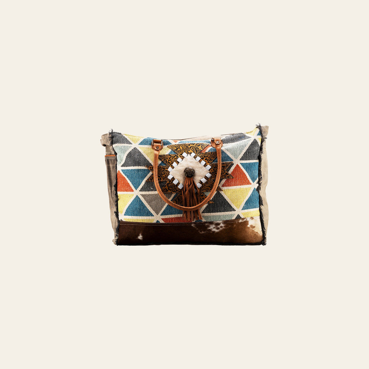 OHLAY Weekender Upcycled Wool Canvas Embossed Hair-On Genuine Leather Women Bag Western Handbag Purse Womens Handbags