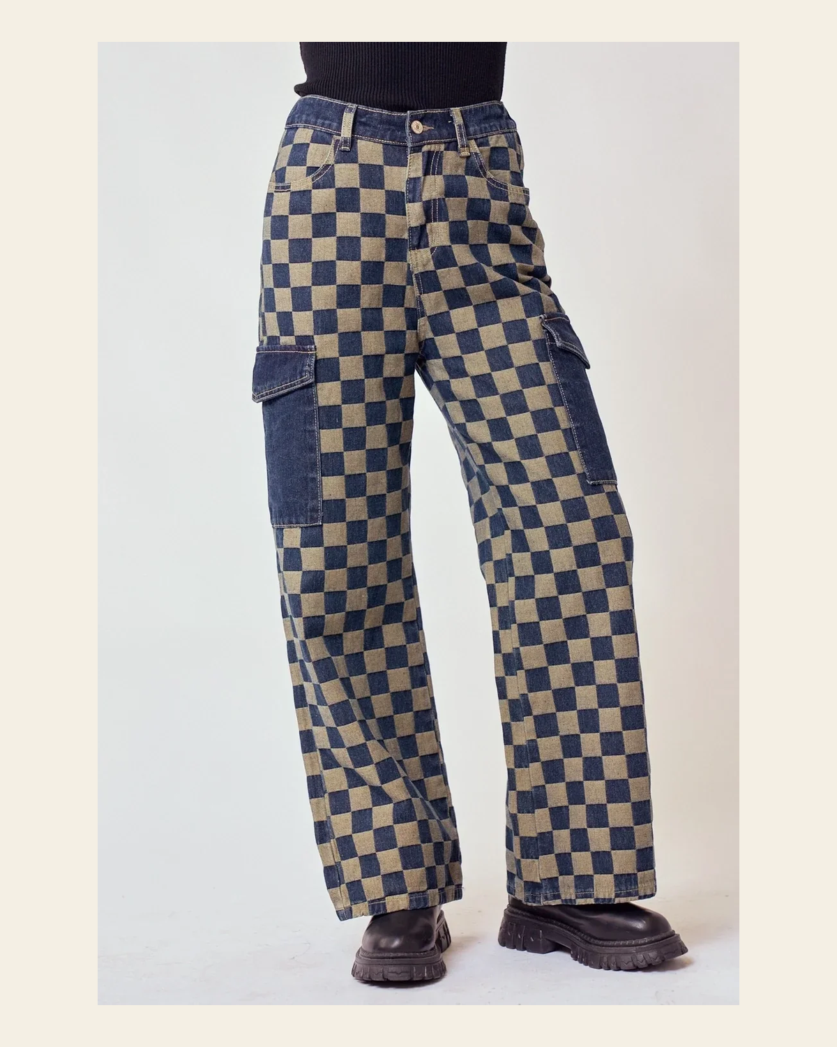 Old School Checkered Denim | Pants on a warm cream background