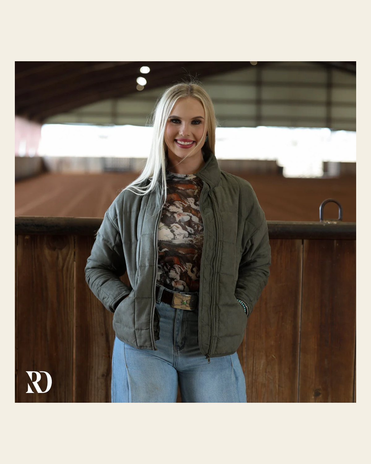 Olive Quilted Puffer | Jacket on a warm cream background