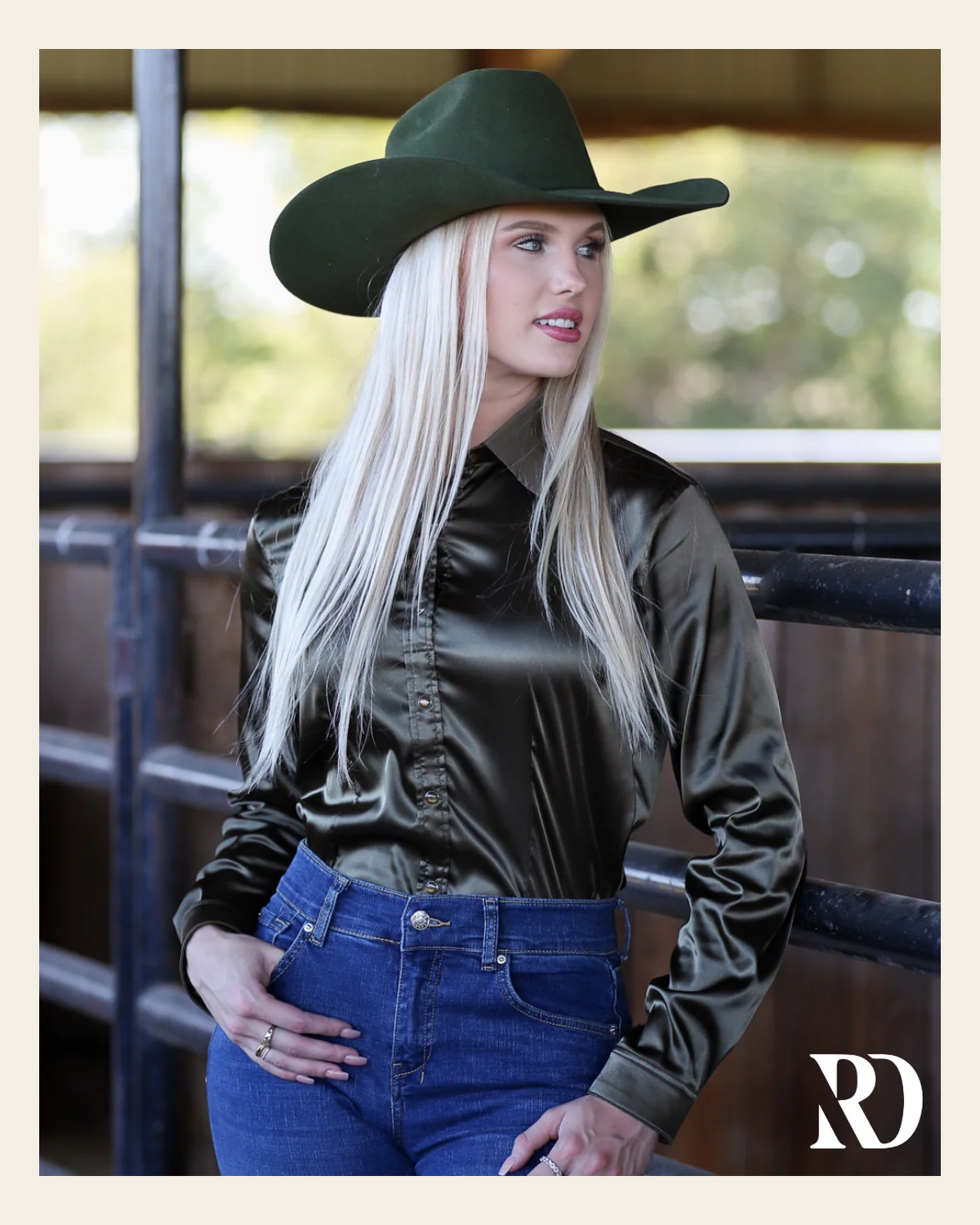 Olive Satin Performance Rodeo Shirt on a warm cream background