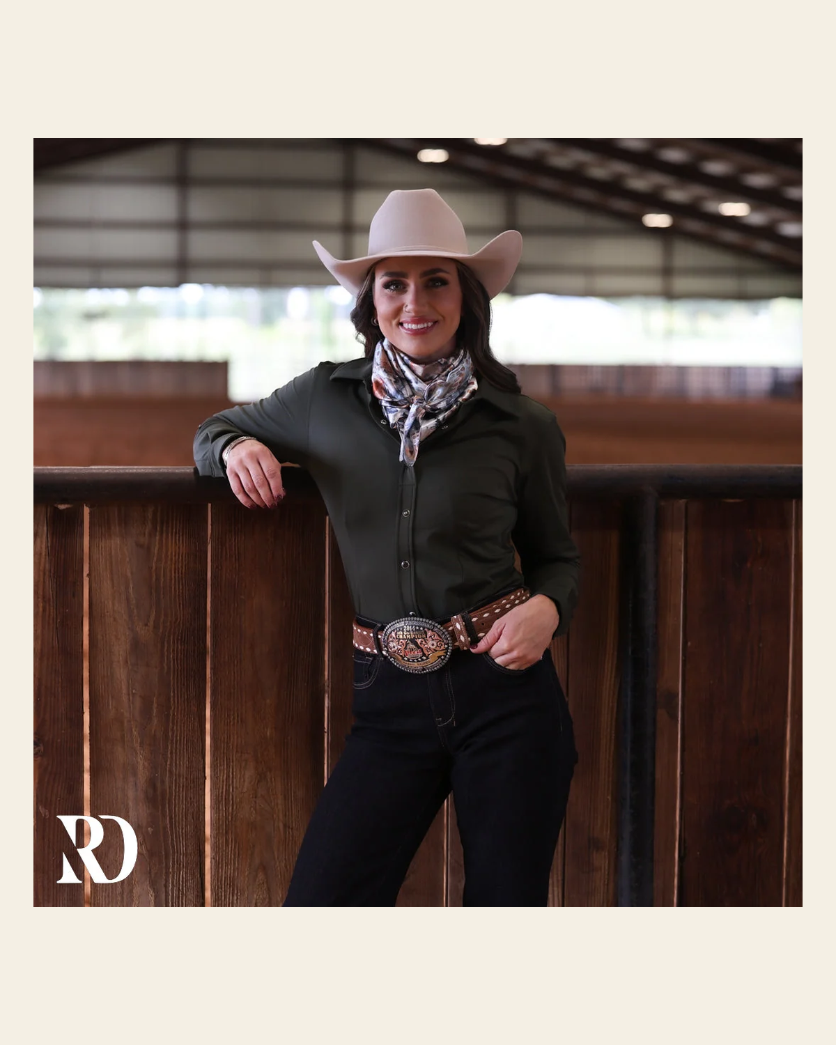 Olive Solid Performance Rodeo Shirt on a warm cream background