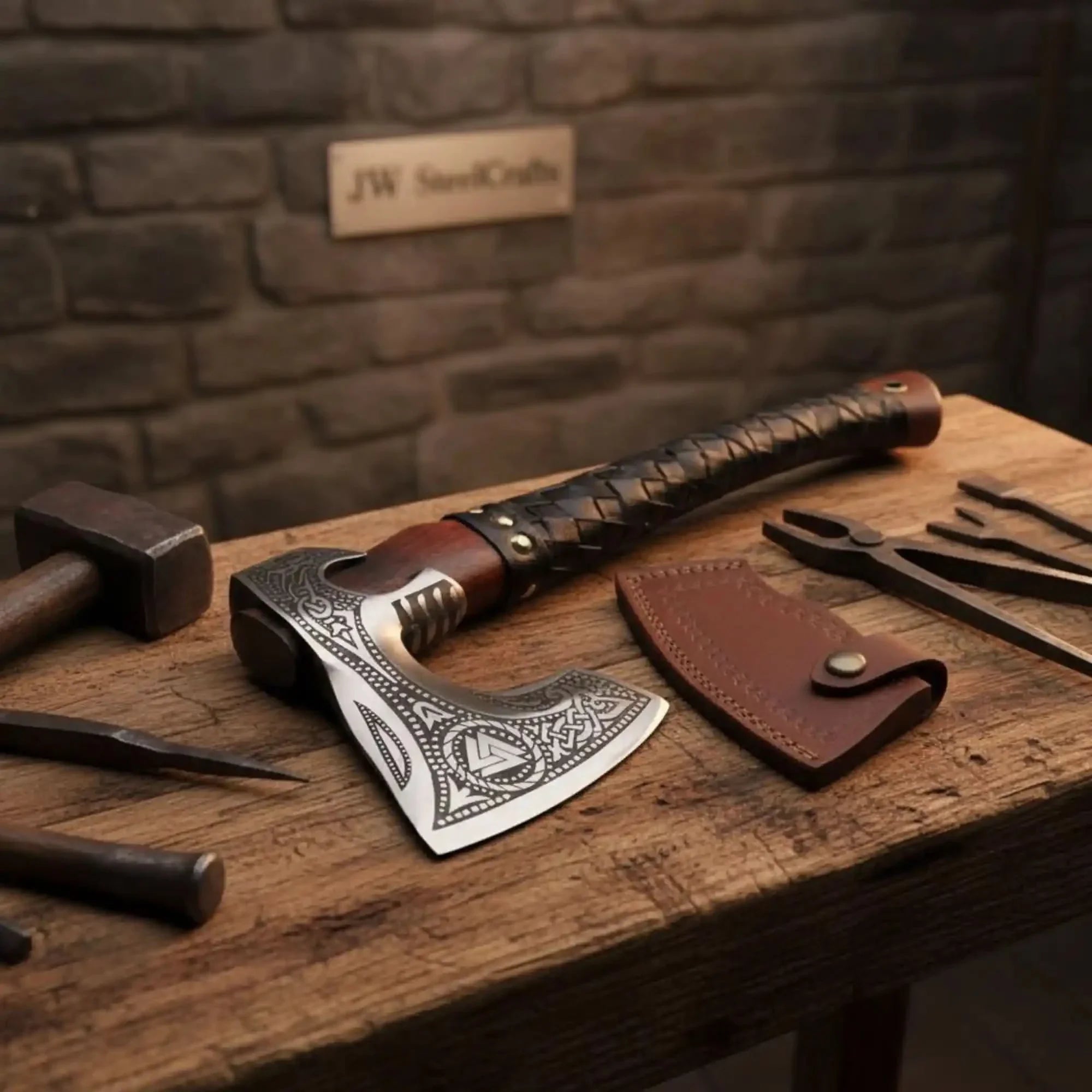 Viking Rune Engraved Bearded Hatchet with Leather Wrapped Handle