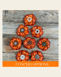 Orange Gardenia Leather Flowers - 1" Crystal Conchos - Options on a warm cream background