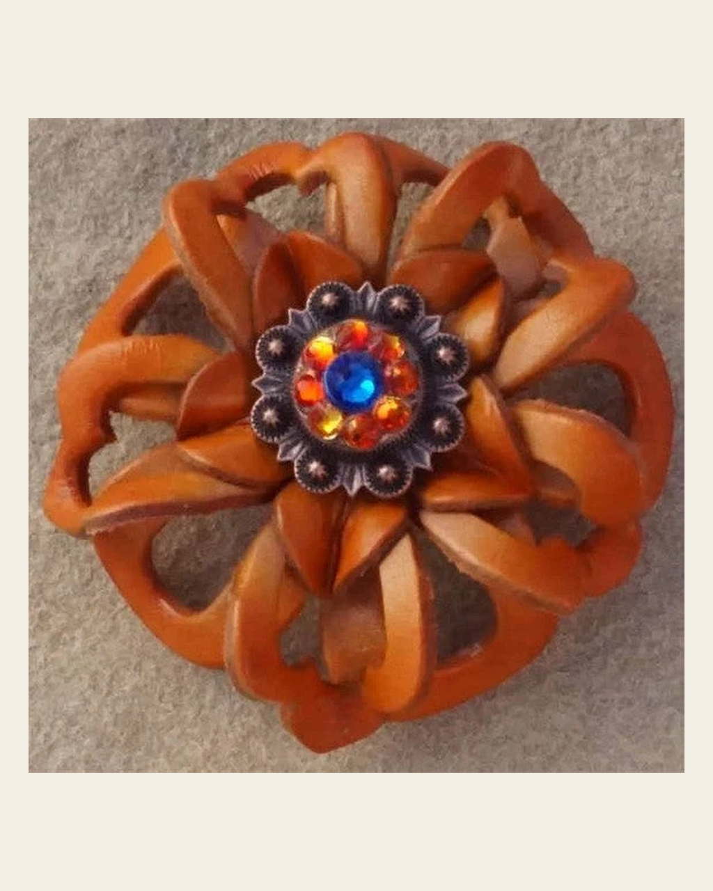 Orange Lotus Flower With Copper Capri & Fire Opal 1" Concho on a warm cream background