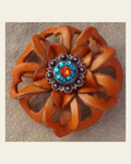 Orange Lotus Flower With Copper Fire Opal & Teal 1" Concho on a warm cream background