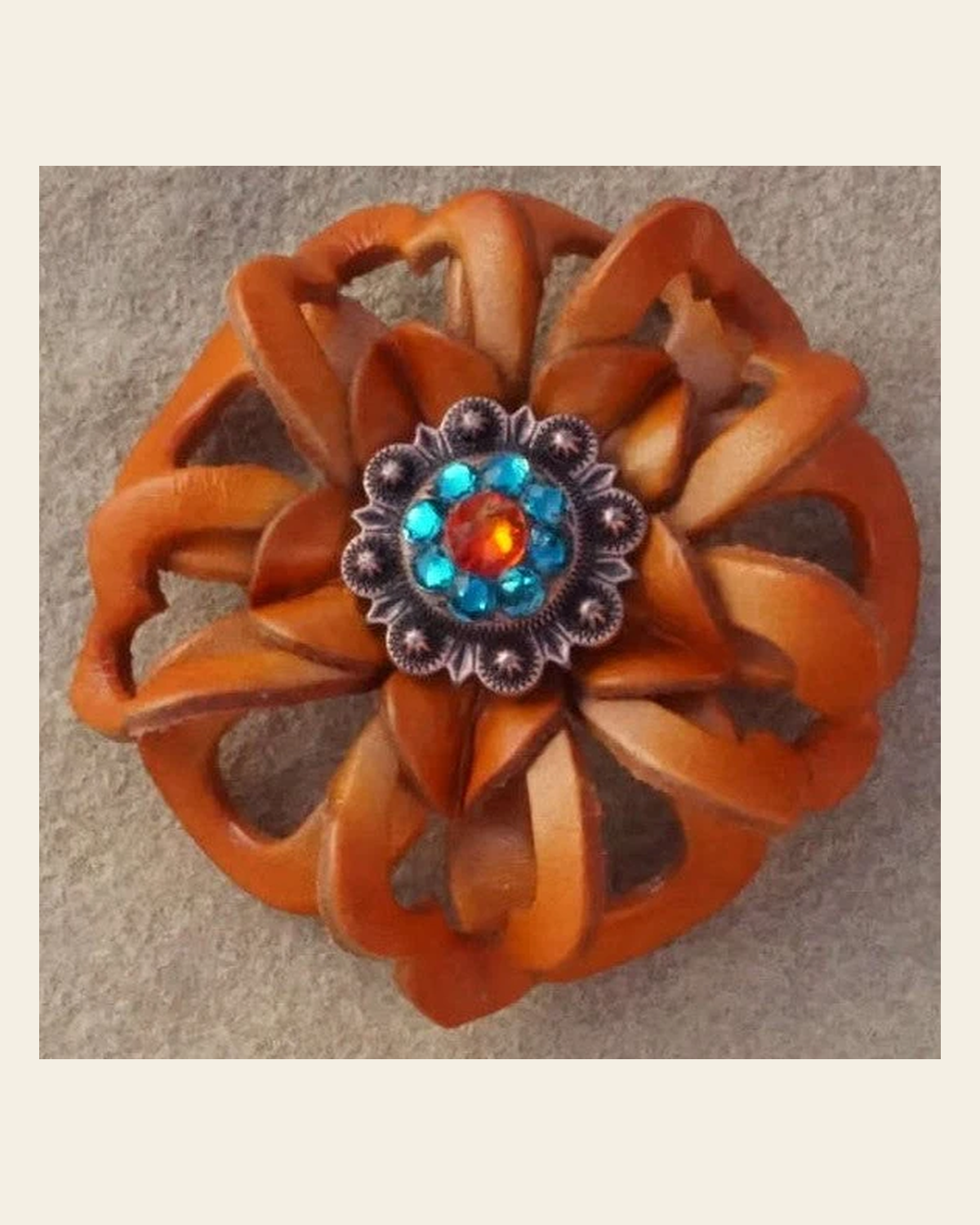 Orange Lotus Flower With Copper Fire Opal & Teal 1" Concho on a warm cream background