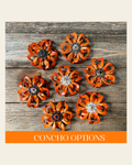 Orange Lotus Leather Flowers - 1" Crystal Conchos - Options on a warm cream background