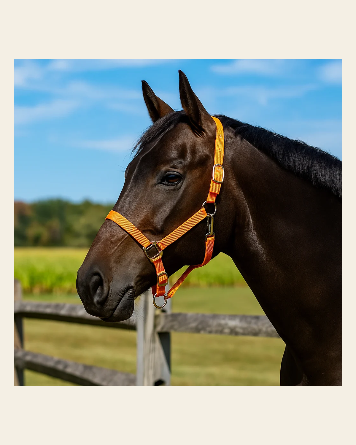 Orange Nylon Horse Halter NHORA on a warm cream background