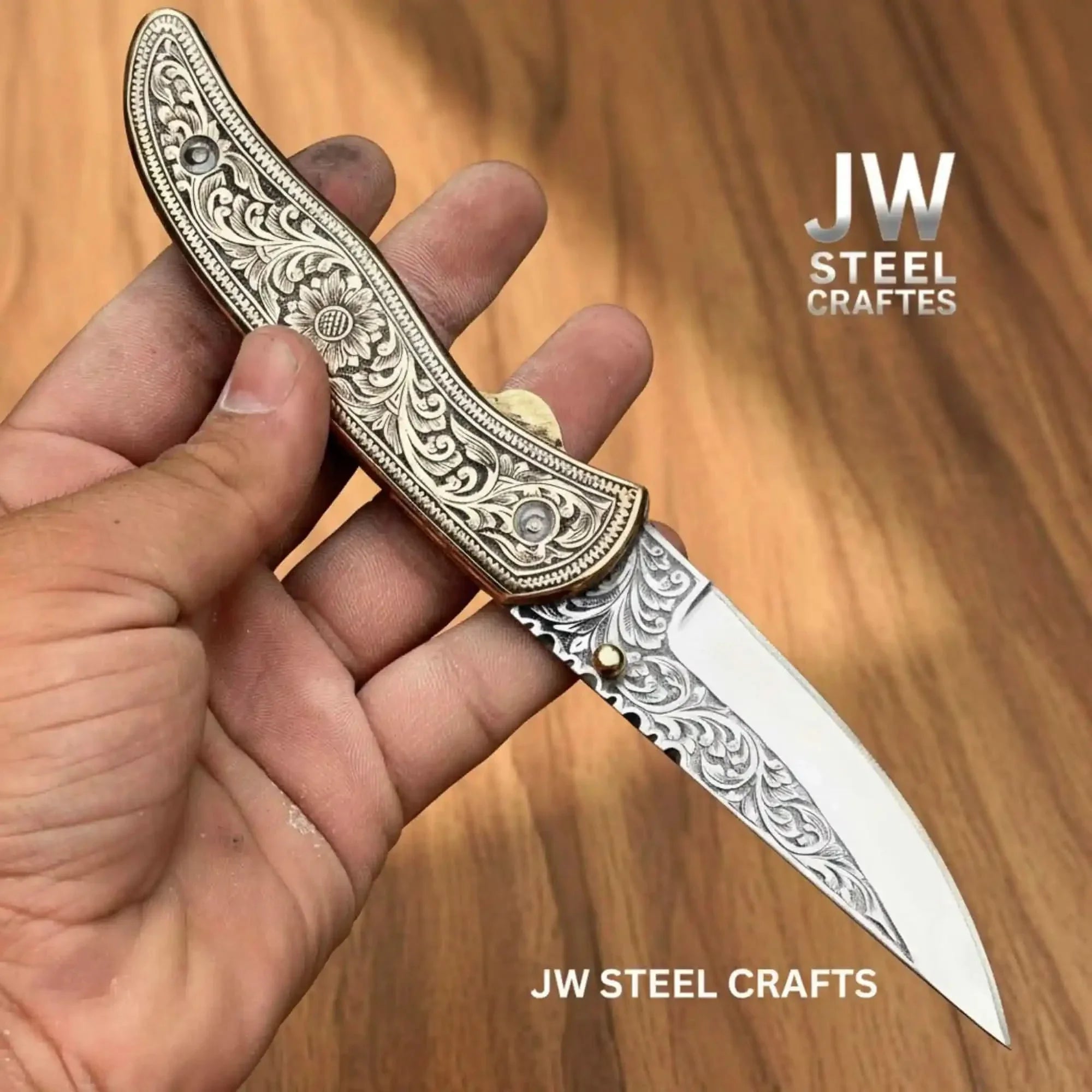 Handmade Floral Engraved Brass Folding Knife for EDC