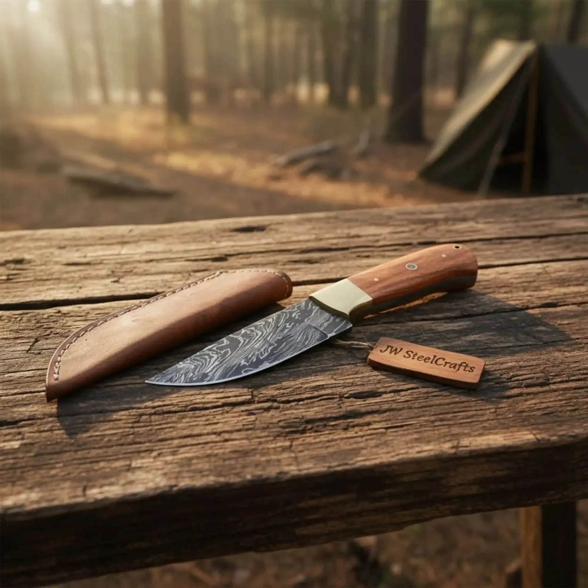 Damascus Drop Point Hunting Knife Olive wood Handle Fixed Blade