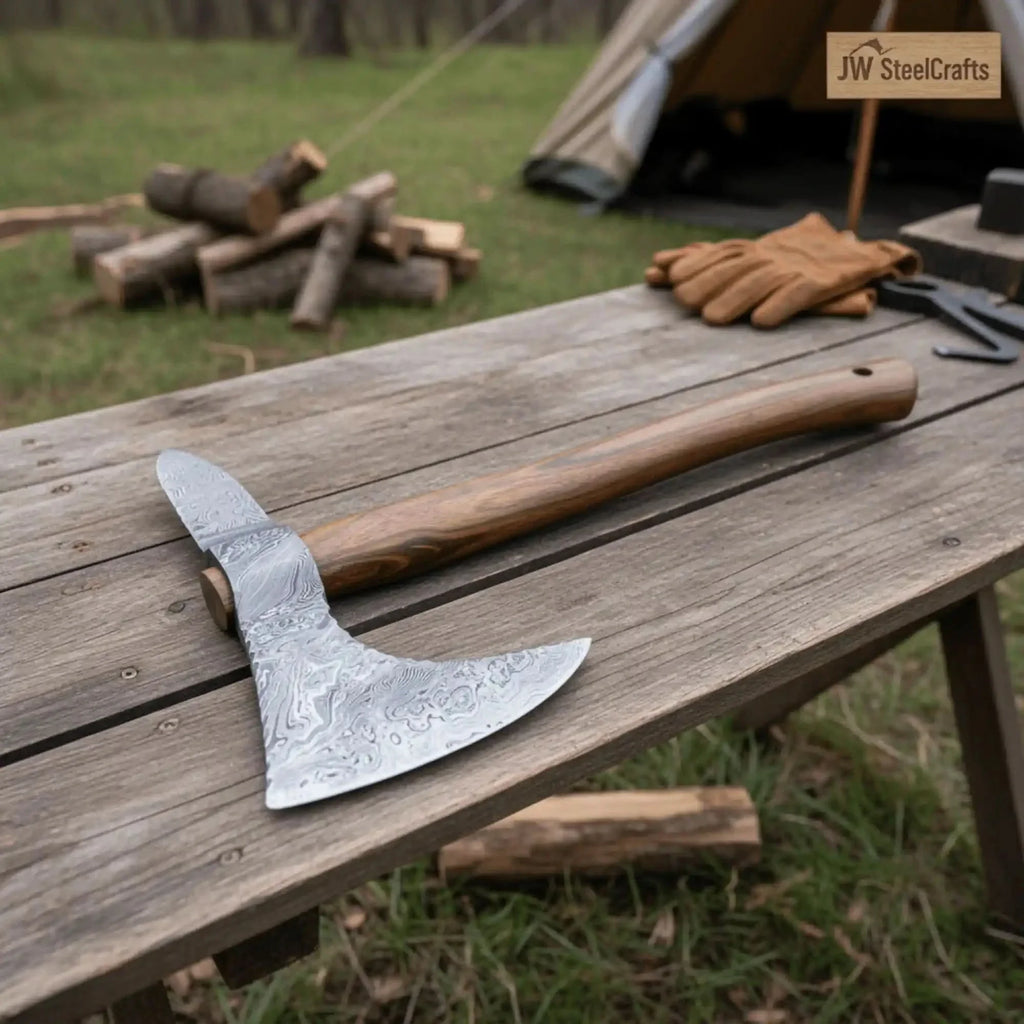 Damascus Spike Tomahawk with Wide Crescent Edge