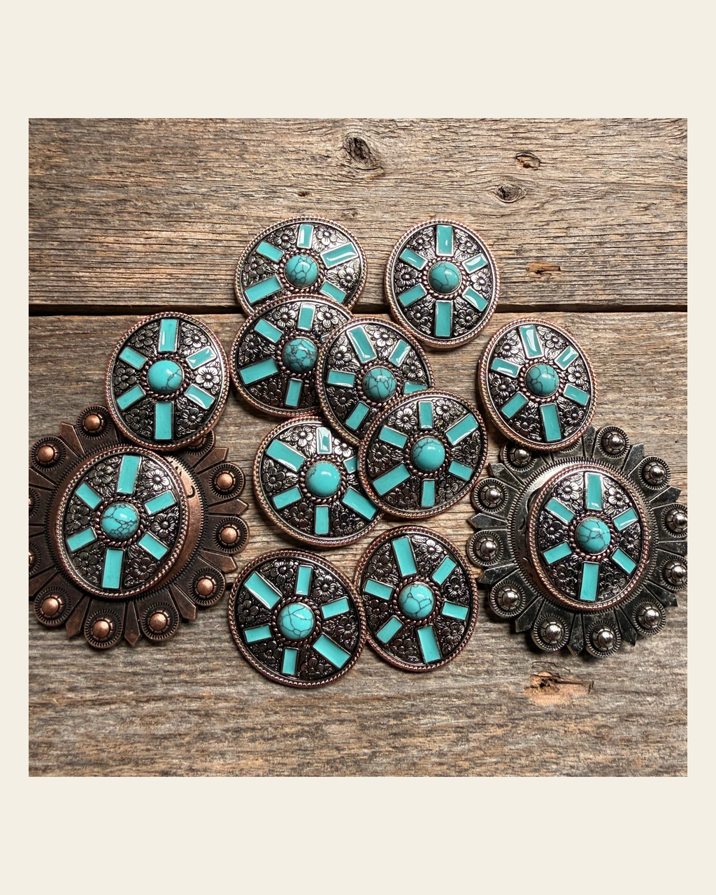 Oval Antique Silver and Copper Turquoise Western Conchos W255 on a warm cream background
