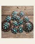 Oval Antique Silver and Copper Turquoise Western Conchos W255 on a warm cream background