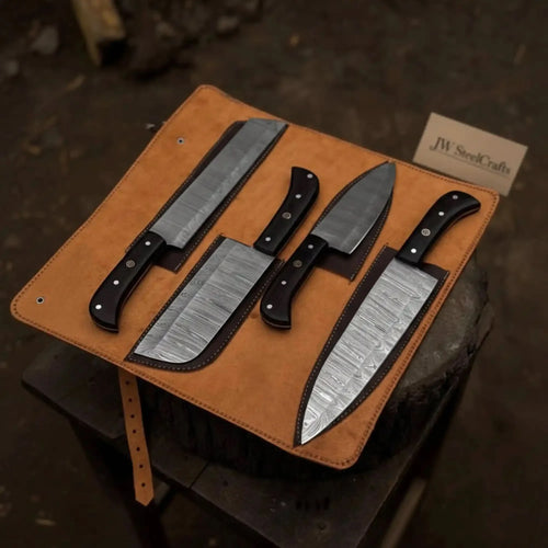 4-Piece Damascus Steel Kitchen Knife Set — Chef, Santoku, Cleaver & Utility