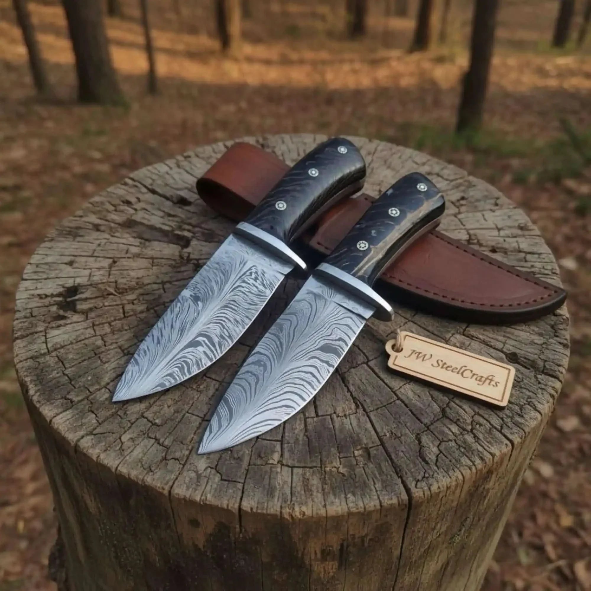 Bowie Knife Feather Damascus Blade Pinecone Handle Fixed Blade Hunting Knife