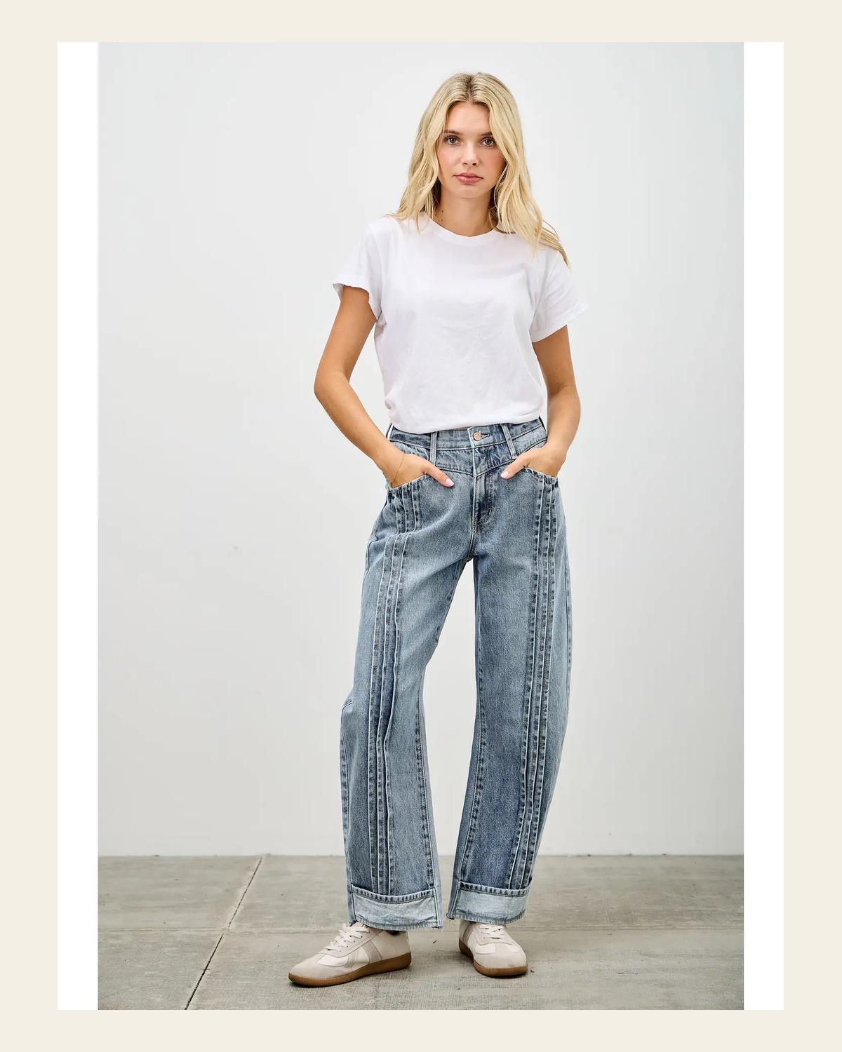 Palmer Pleated Barrel | Jeans on a warm cream background