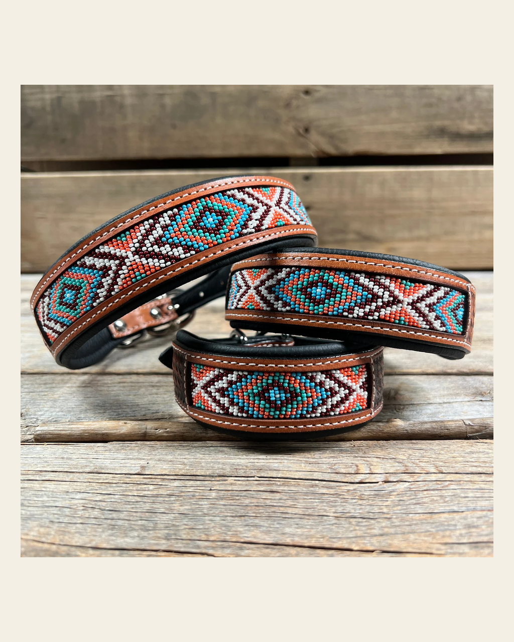 Tooled Peach and Turquoise Genuine Leather Beaded Dog Collar #DC443 on a warm cream background