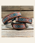 Tooled Peach and Turquoise Genuine Leather Beaded Dog Collar #DC443 on a warm cream background